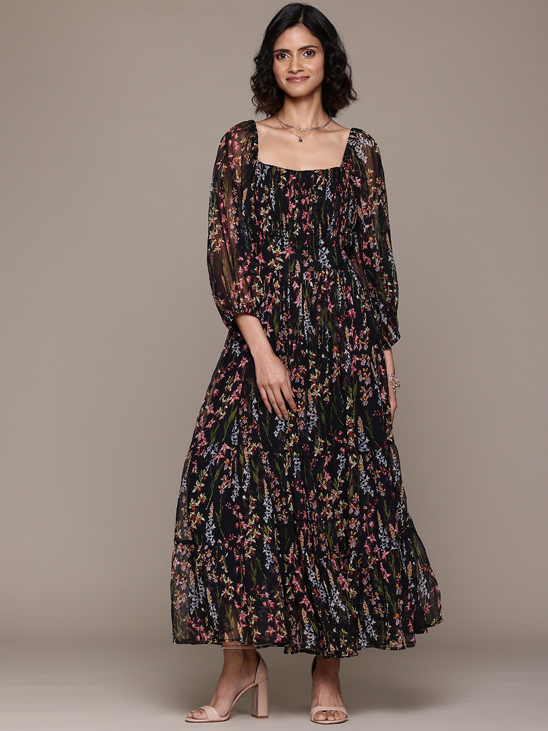 

Label Ritu Kumar Floral Print Puff Sleeves Chiffon A-Line Maxi Dress, Black