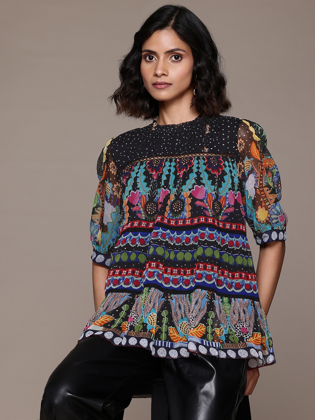 

Label Ritu Kumar Floral Print Puff Sleeve Chiffon Top with Camisole, Multi