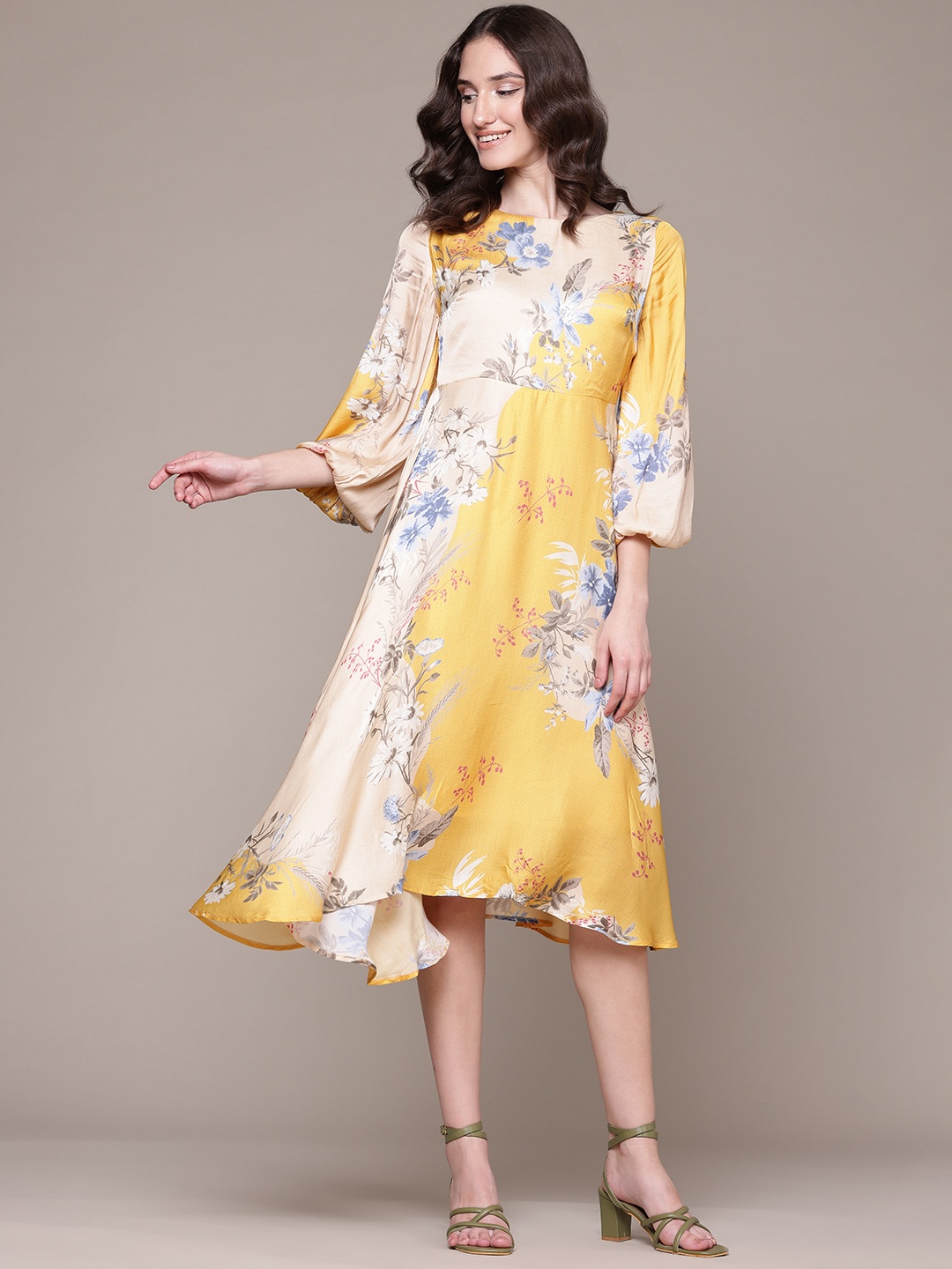 

Label Ritu Kumar Floral Printed Satin A-Line Midi Dress, Yellow