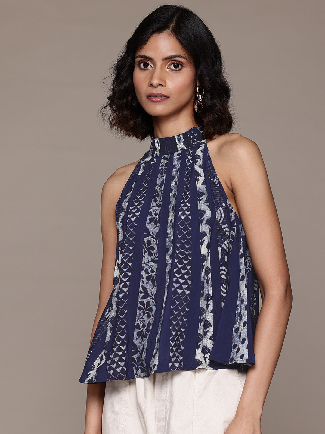 

Label Ritu Kumar Print Halter Neck Ethnic Crepe Top, Blue