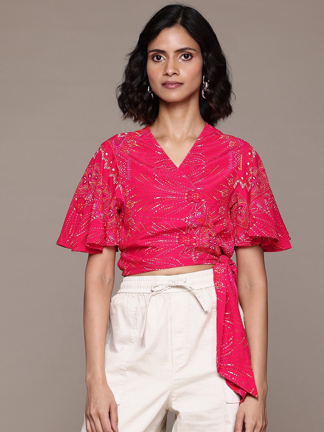 

Label Ritu Kumar Floral Printed Flared Sleeve Crepe Wrap Crop Top, Fuchsia