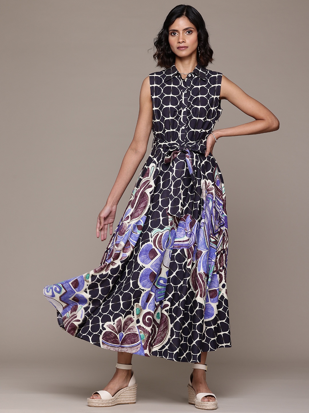 

Label Ritu Kumar Print Satin A-Line Maxi Dress With Belt, Black