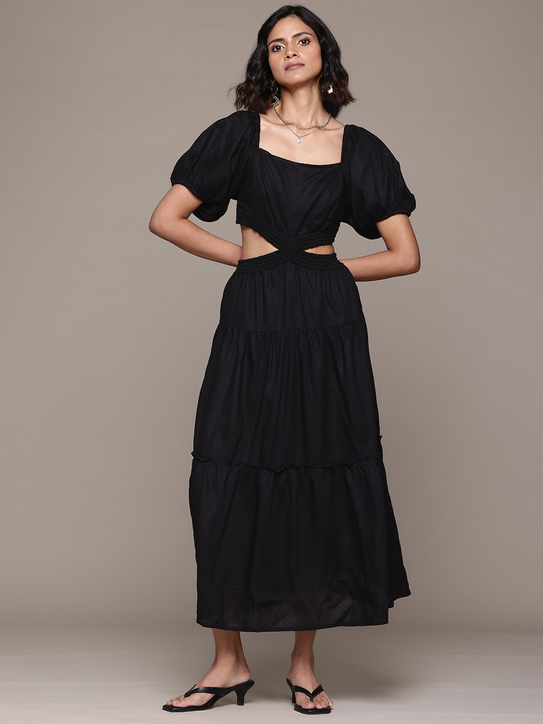 

Label Ritu Kumar Puff Sleeves Crepe Fit & Flare Maxi Dress With Cut-Out Detail, Black