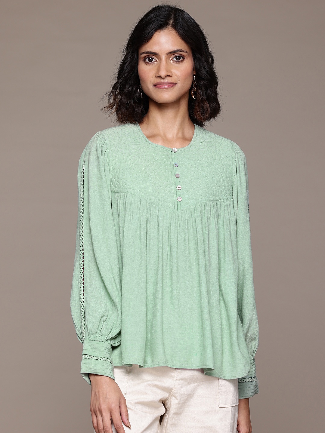 

Label Ritu Kumar Embroidered Bishop Sleeves Crepe Top, Green