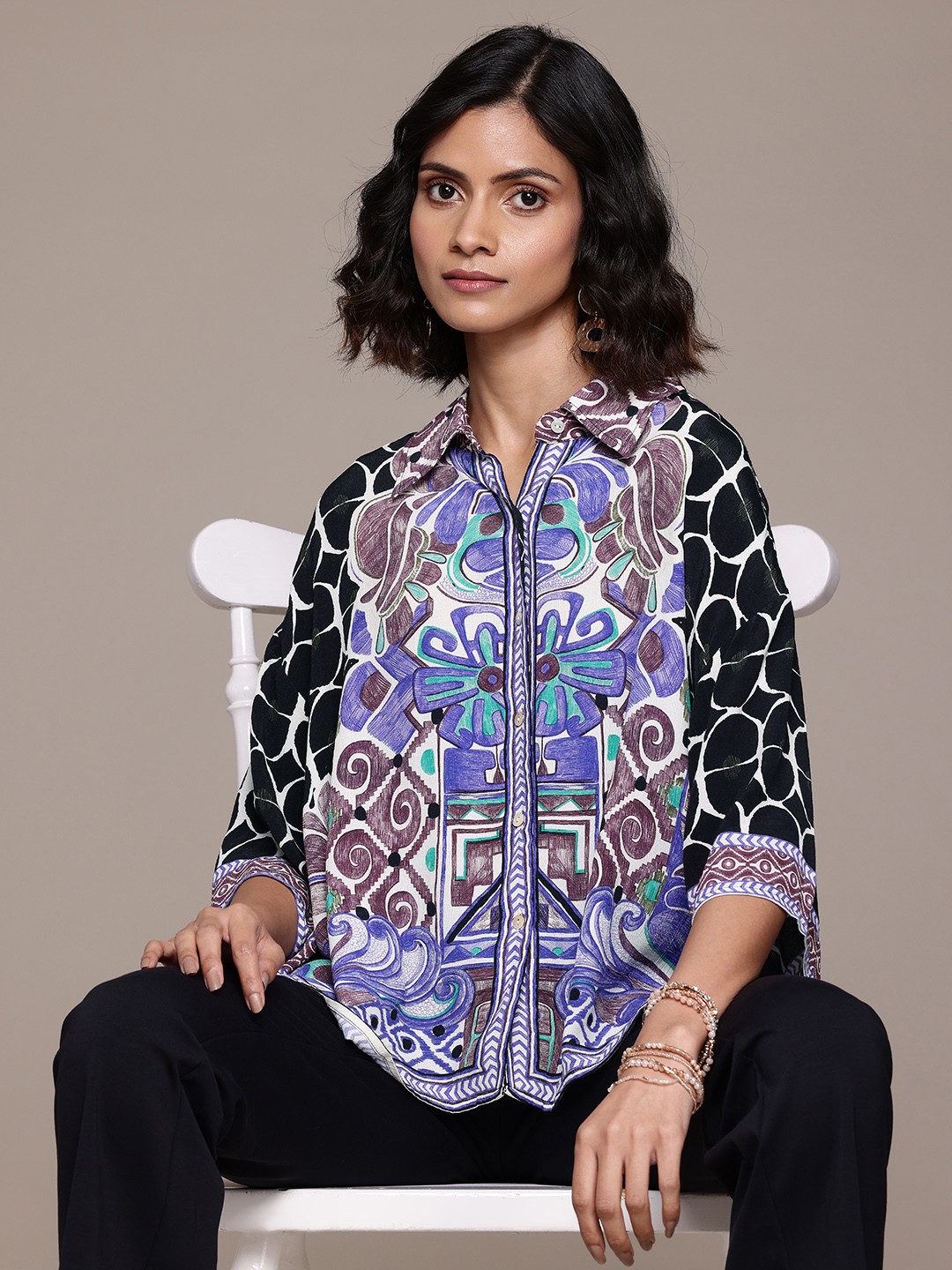 

Label Ritu Kumar Floral Print Flared Sleeves Shirt Style Top, Black