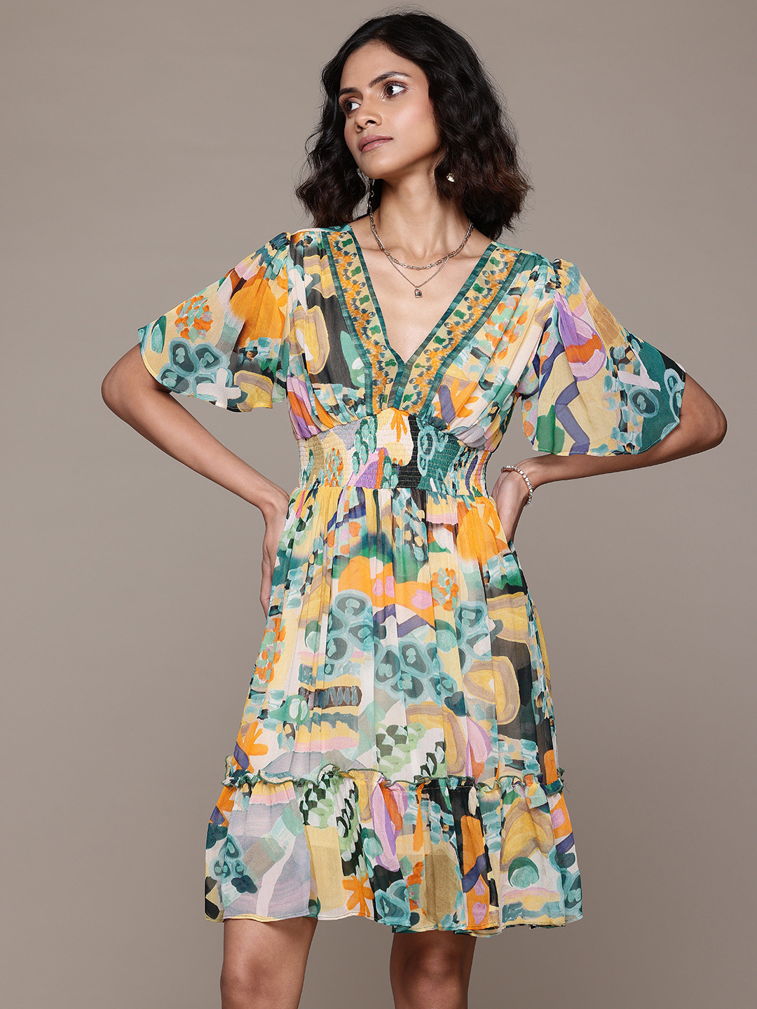 

Label Ritu Kumar Print Flared Sleeve Georgette Fit & Flare Dress, Green