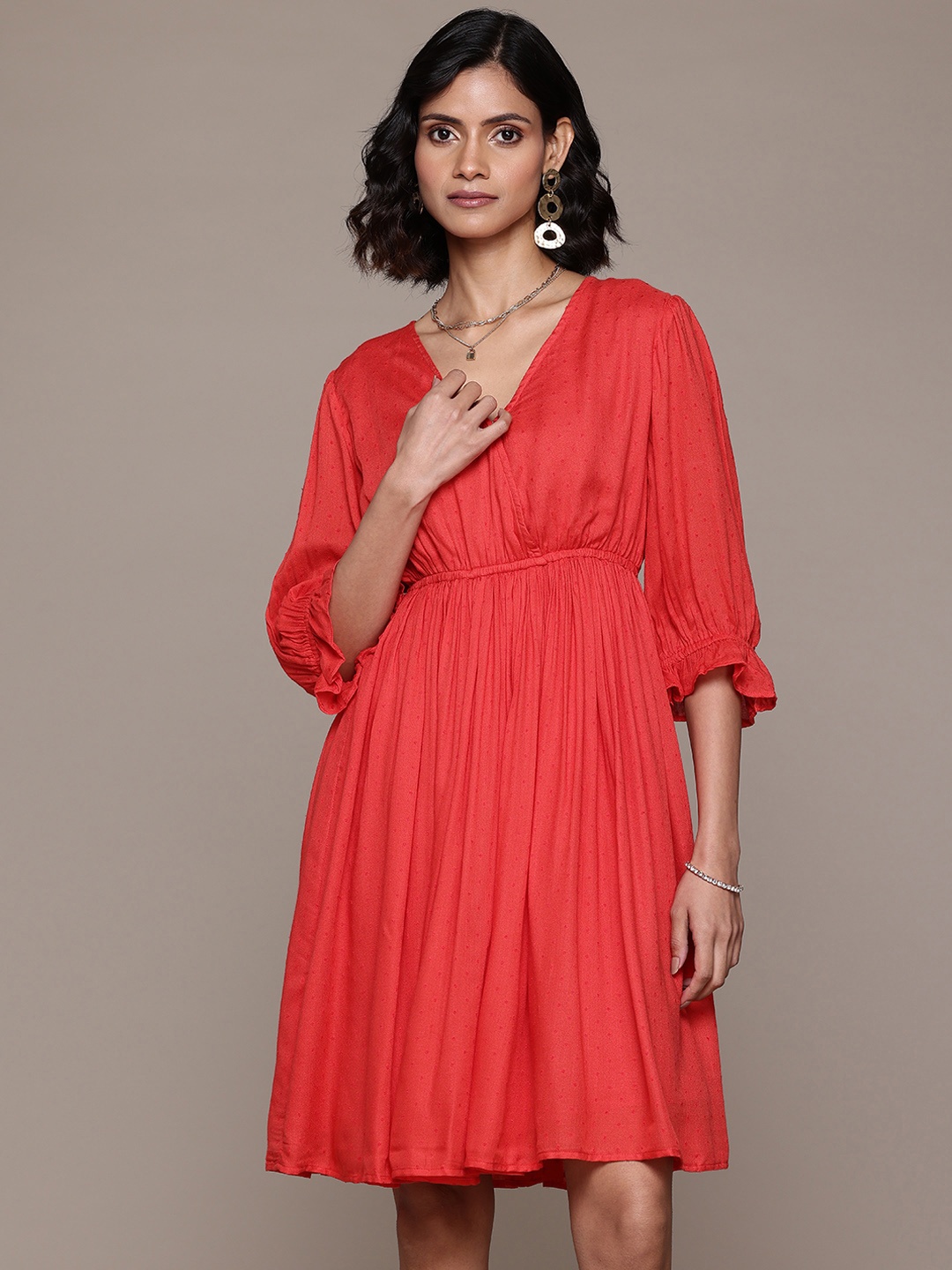 

Label Ritu Kumar Puff Sleeves Wrap Dress, Red