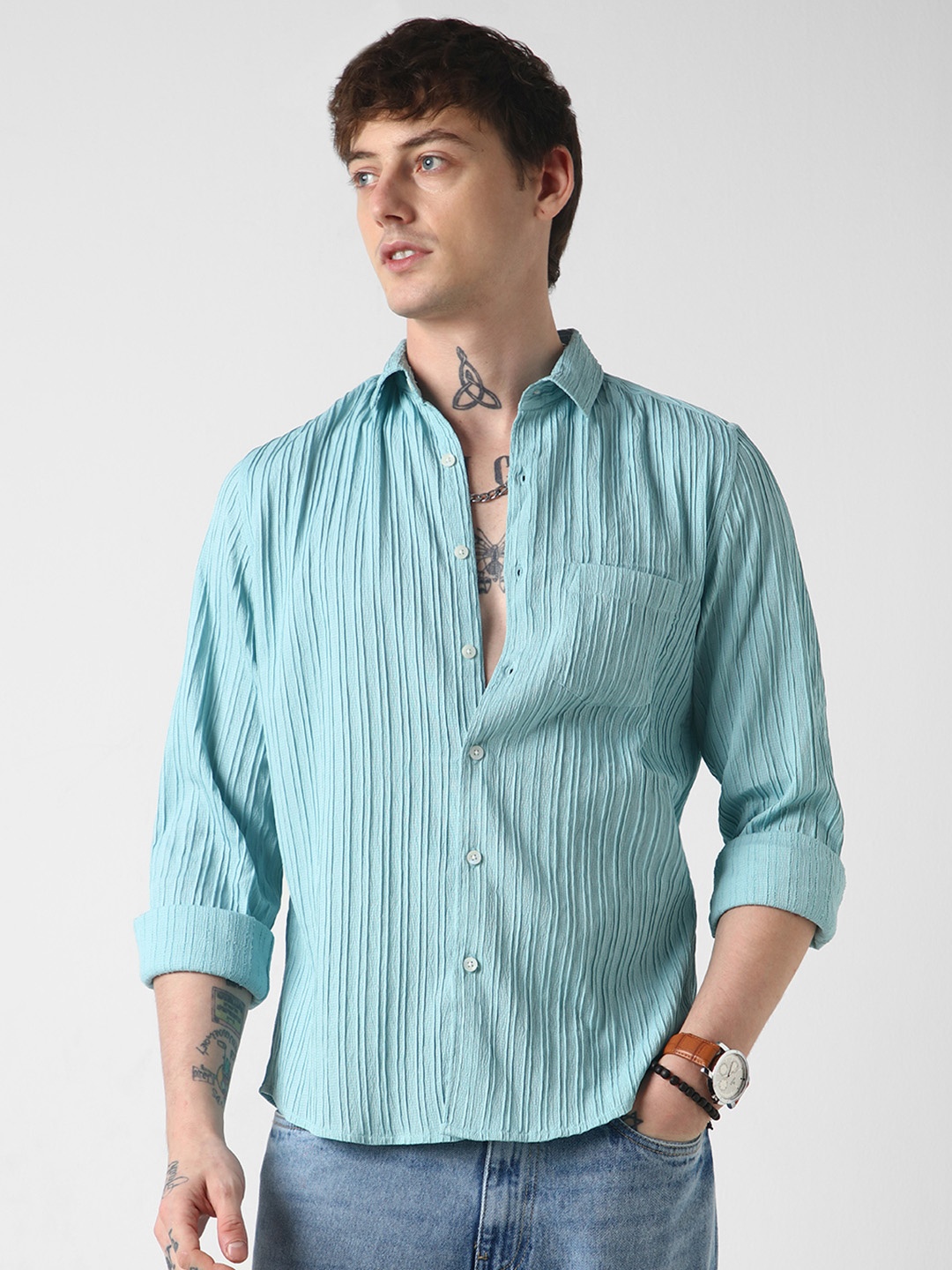 

VASTRADO Men Classic Slim Fit Opaque Striped Casual Shirt, Blue
