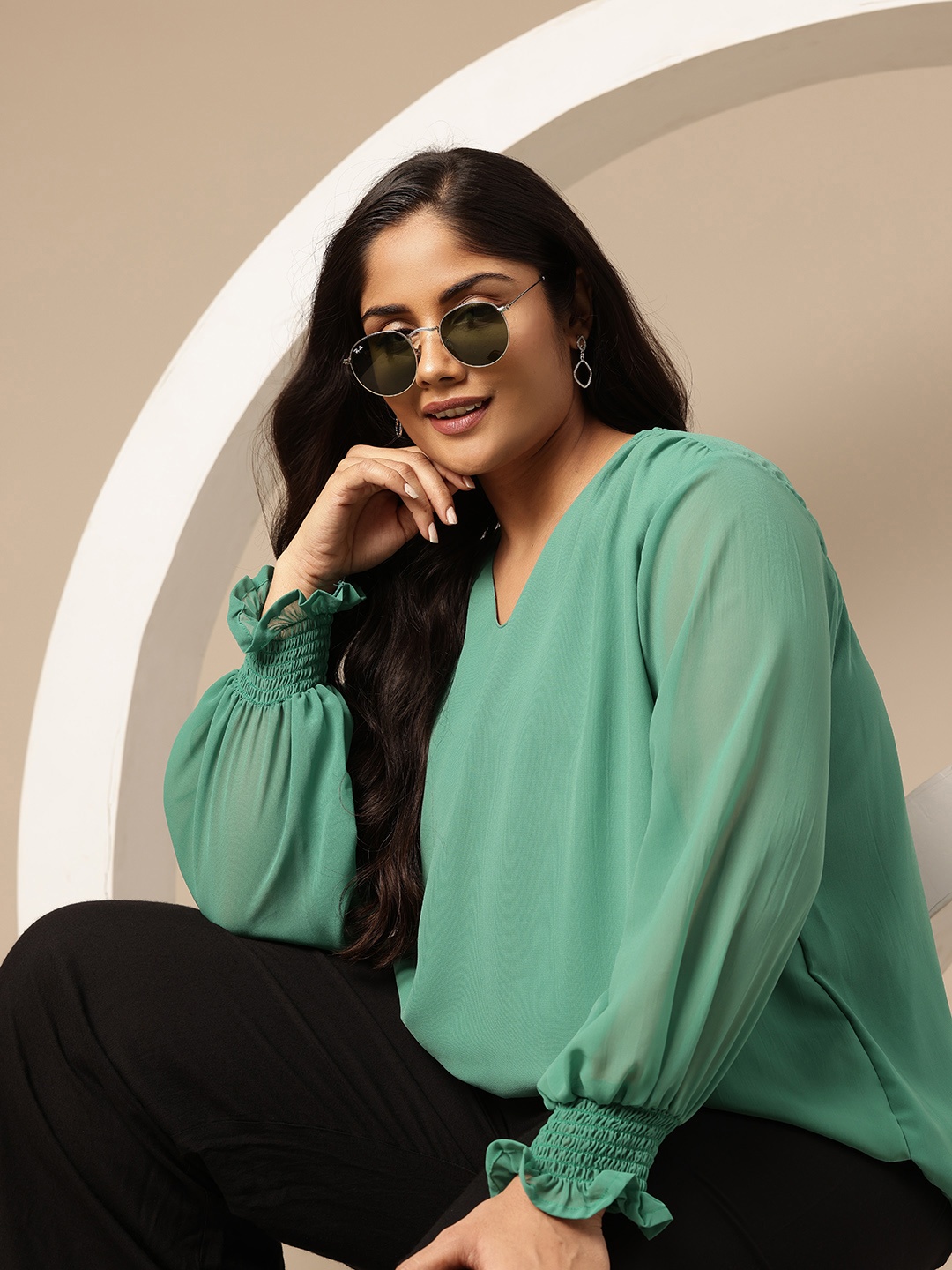 

Sztori Plus-Size V-Neck Smocked Top, Green