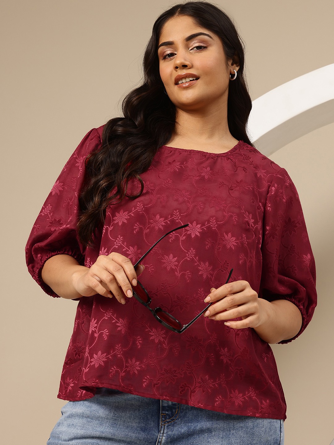 

Sztori Plus Size Jacquard Floral Puff Sleeve Top, Maroon