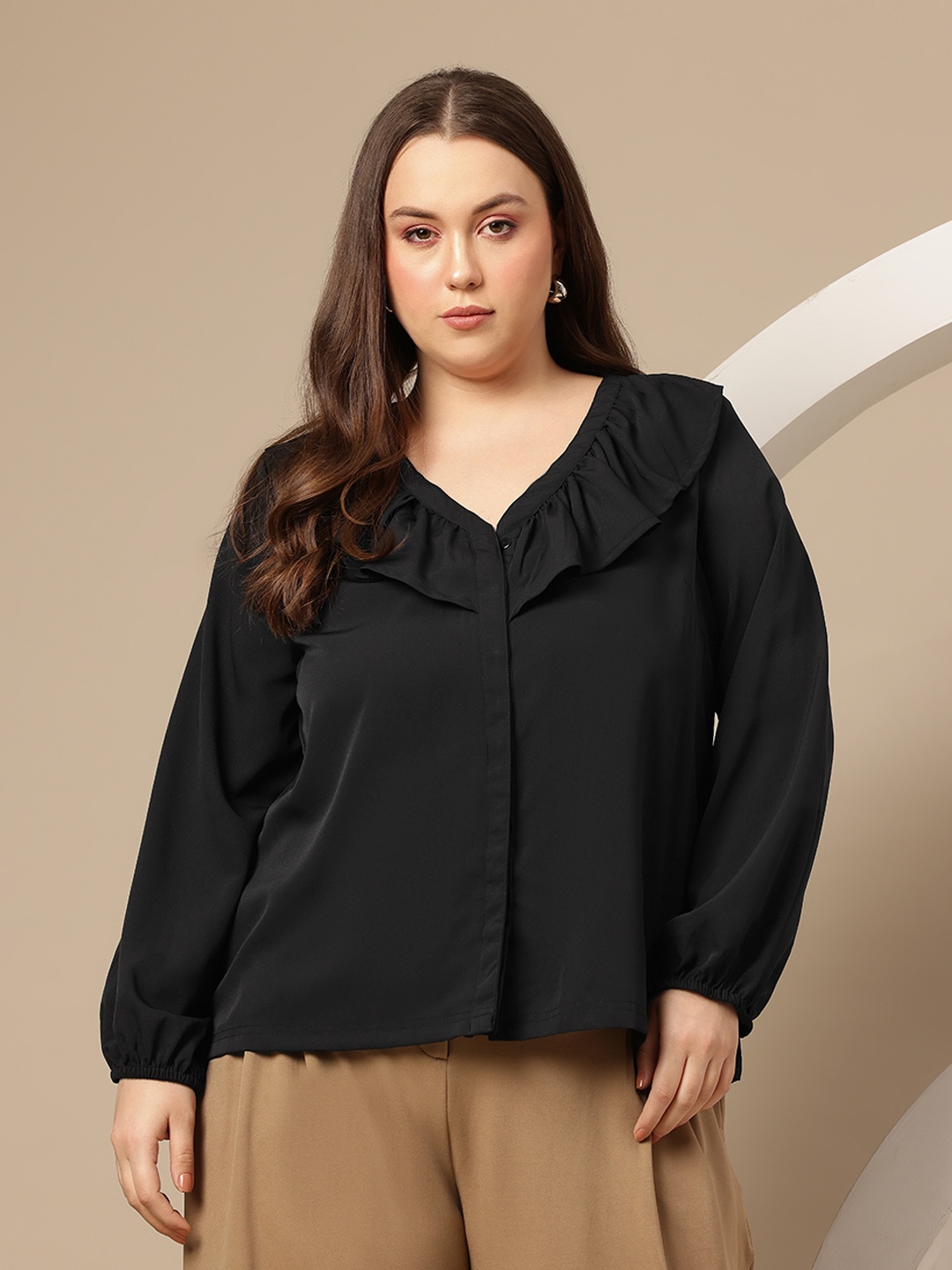 

Sztori Plus Size Solid Ruffles Detailing Top, Black