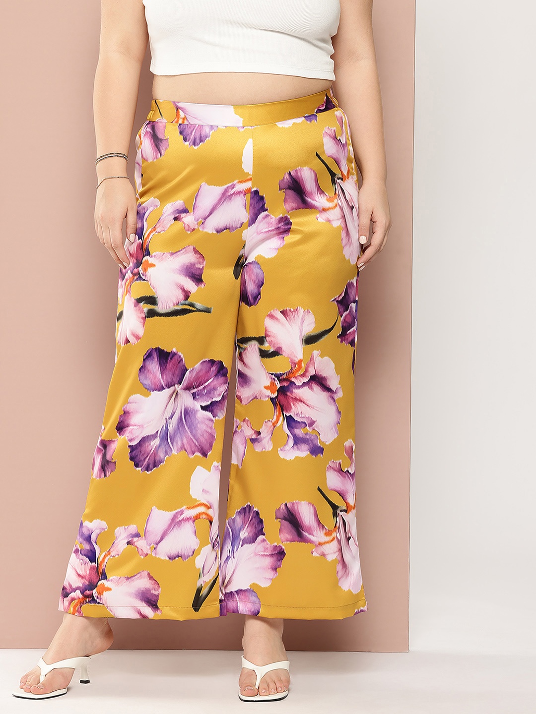 

Sztori Women Plus Size Floral Printed Flared Trousers, Yellow