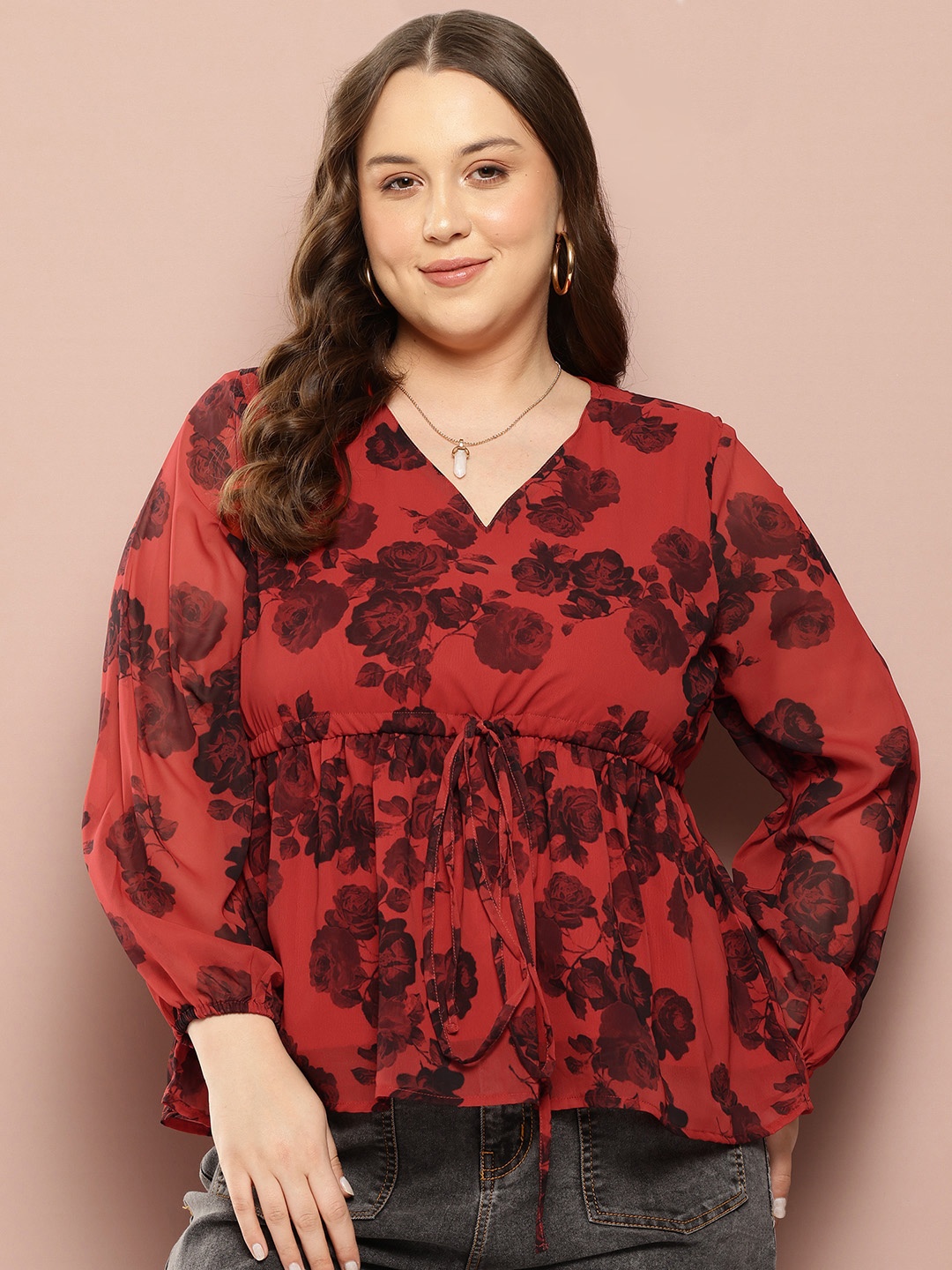

Sztori Plus Size Floral Print Puff Sleeve Empire Top, Red