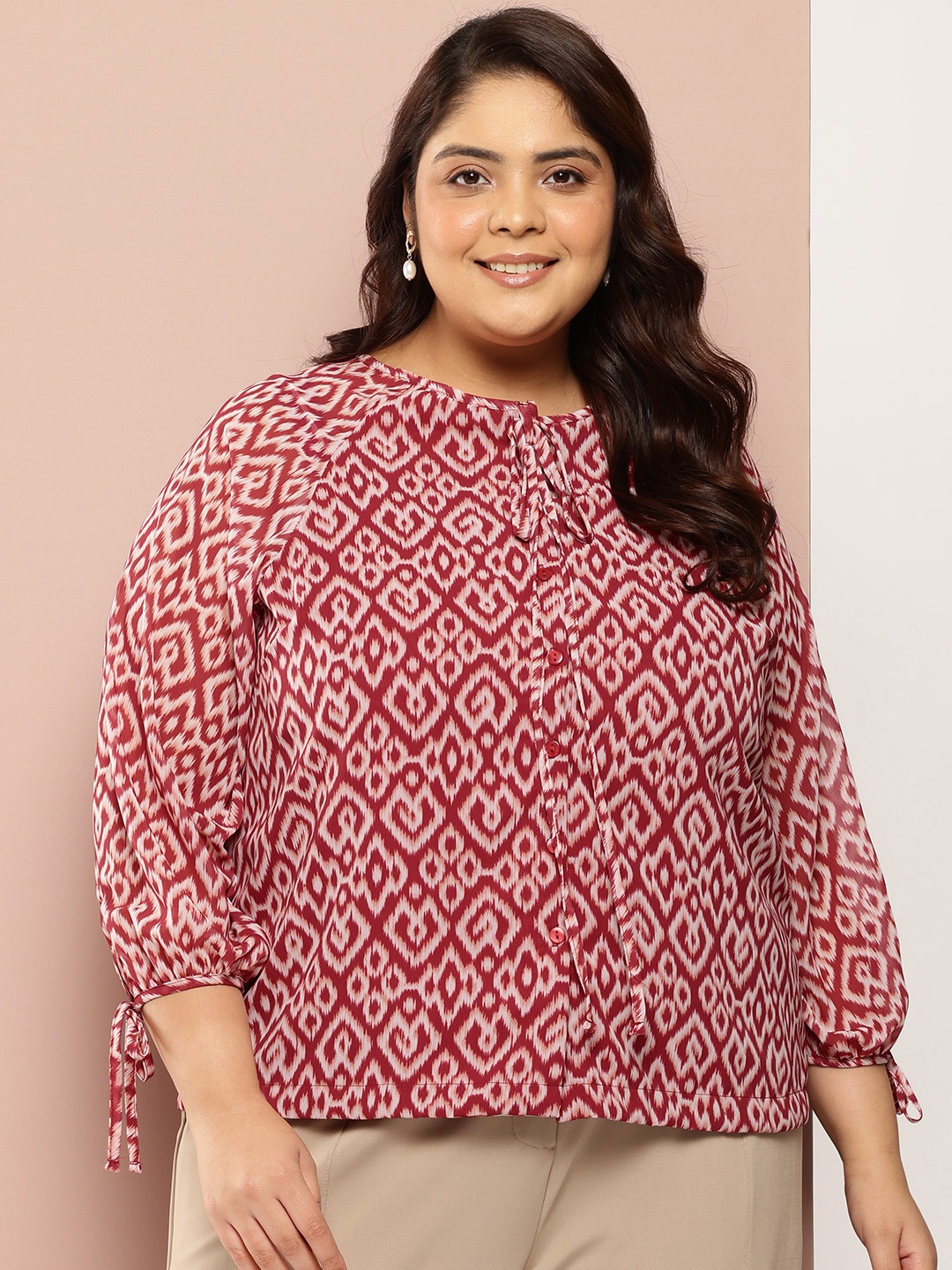 

Sztori Plus Size Print Puff Sleeve Shirt Style Top, Red