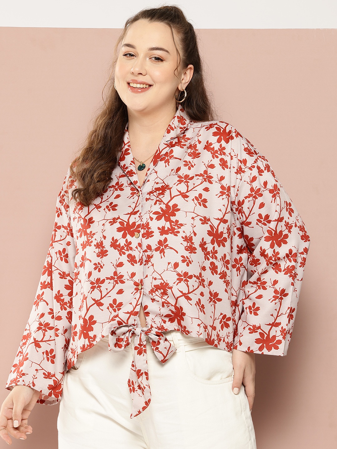 

Sztori Plus Size Floral Print Shirt Style Top, Beige