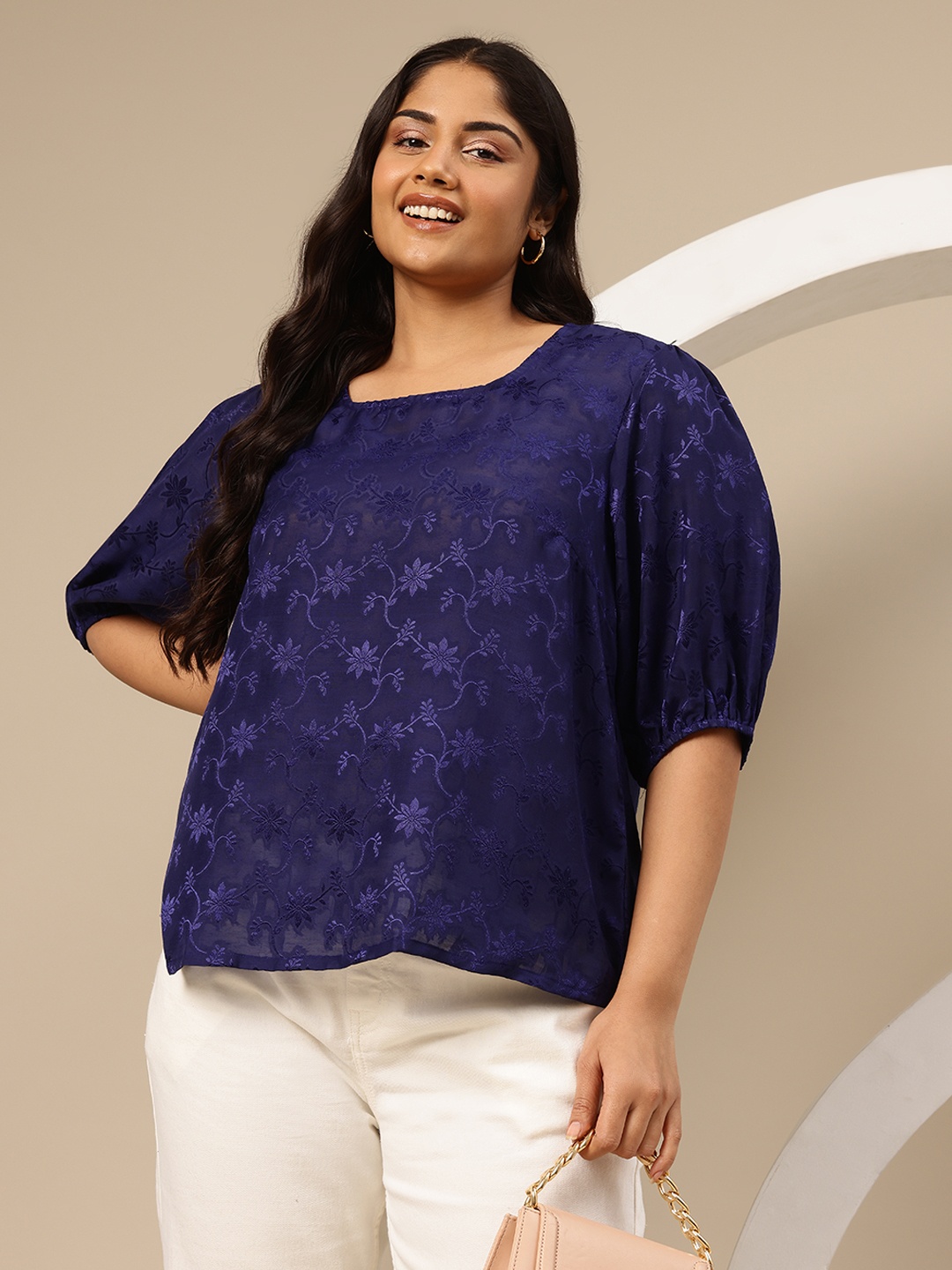 

Sztori Plus Size Jacquard Floral Puff Sleeve Top, Blue