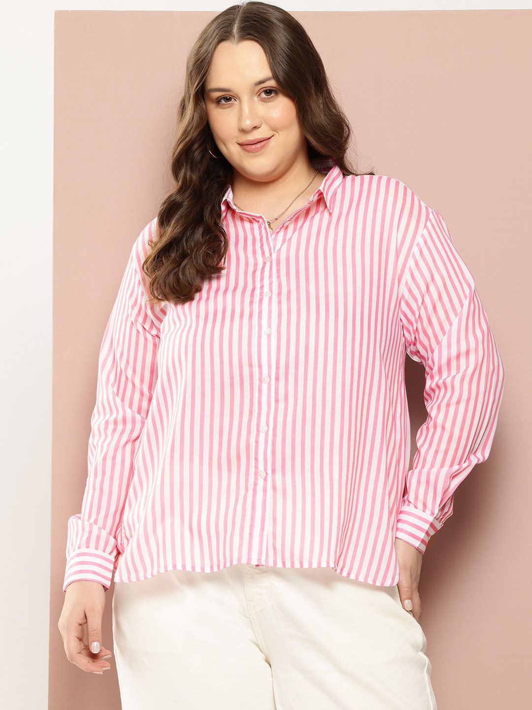 

Sztori Plus Size Striped Drop-Shoulder Sleeves Casual Shirt, Pink