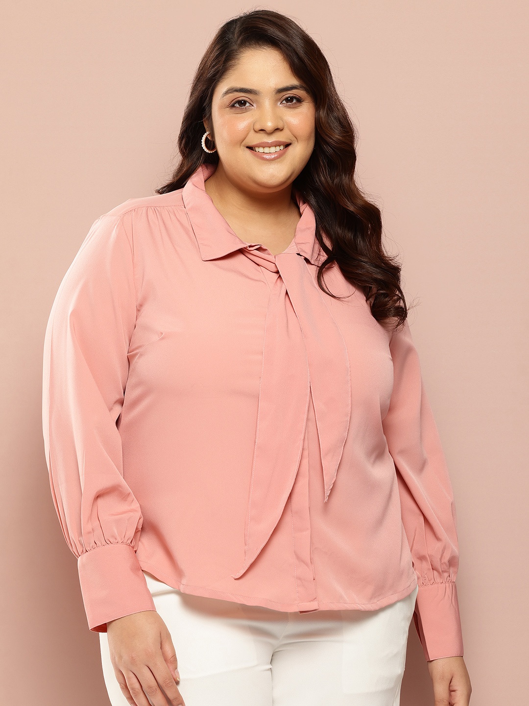 

Sztori Plus Size Casual Shirt With Tie-Up Detail, Peach