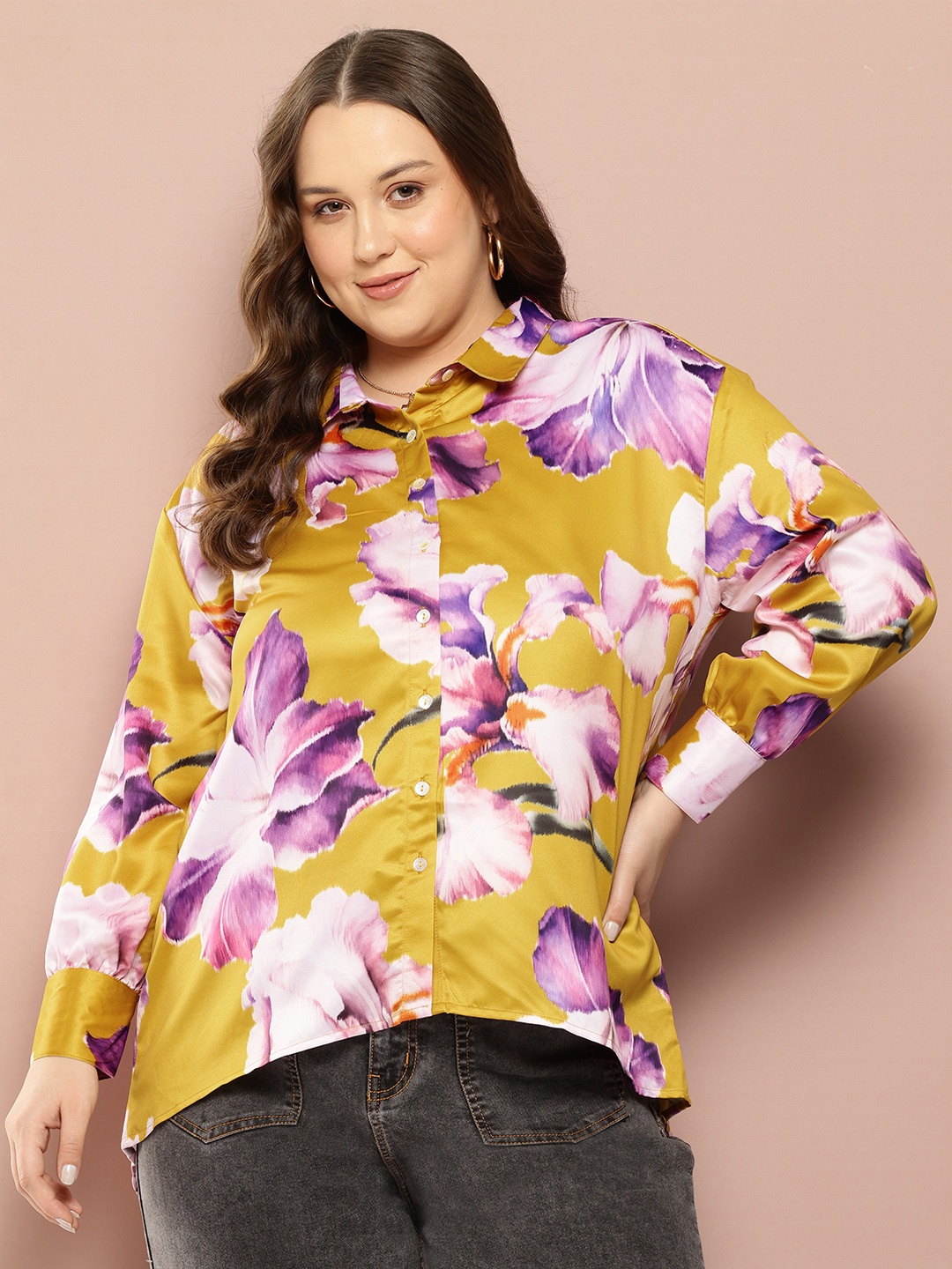 

Sztori Plus Size Floral Print Casual Shirt, Gold