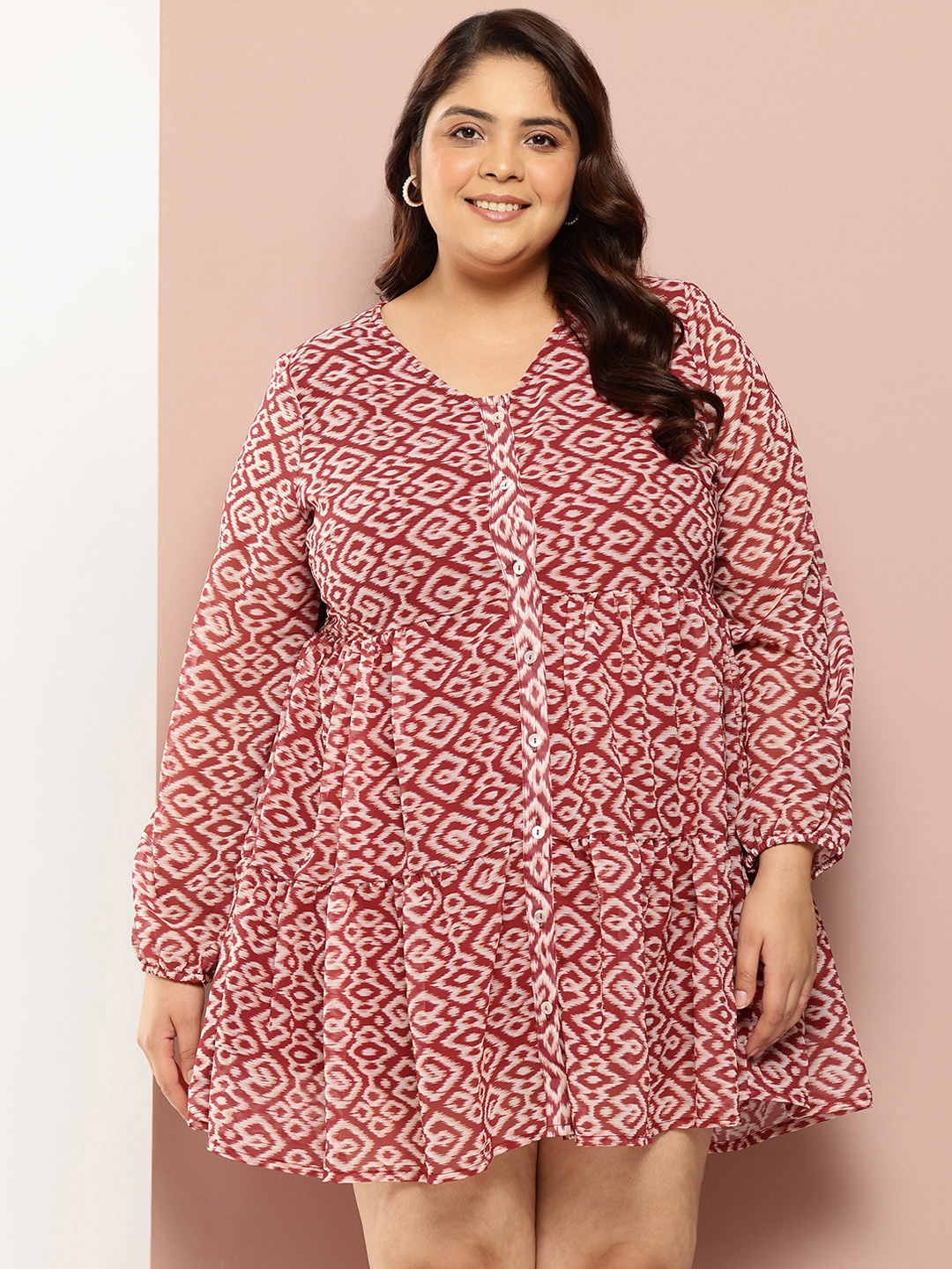 

Sztori Plus Size Geometric Printed Fit & Flare Dress, Red