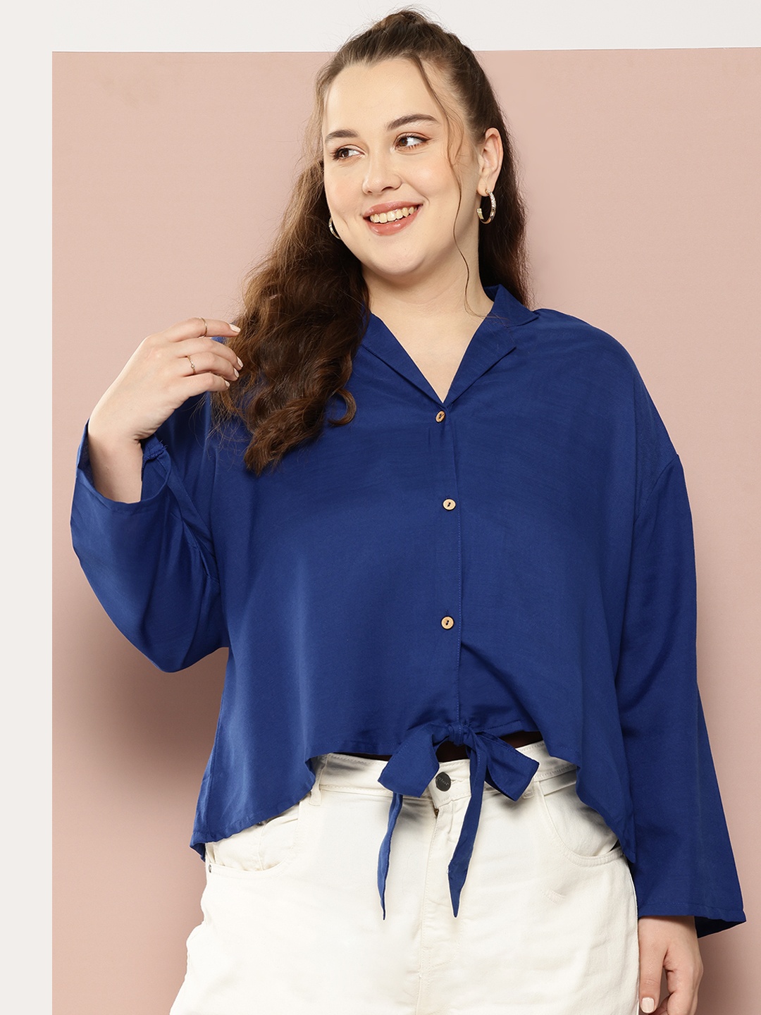 

Sztori Plus Size Flared Sleeve Shirt Style Top, Navy blue