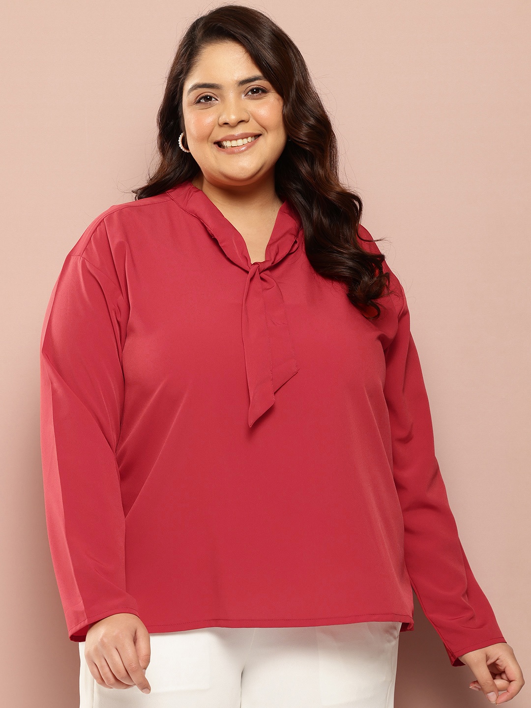 

Sztori Plus Size Tie-Up Neck Top, Red