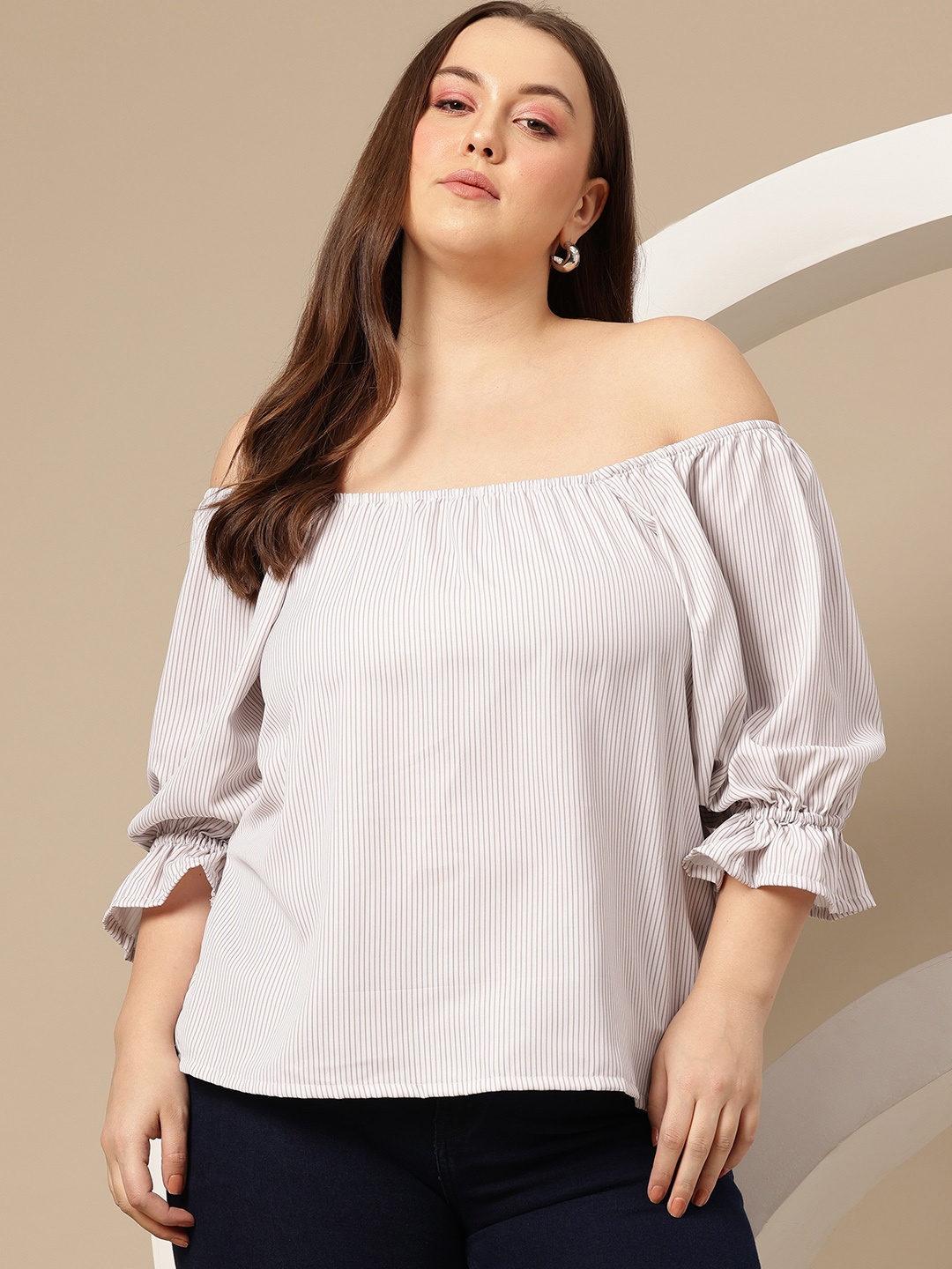 

Sztori Plus Size Striped Bell Sleeves Bardot Top, Beige