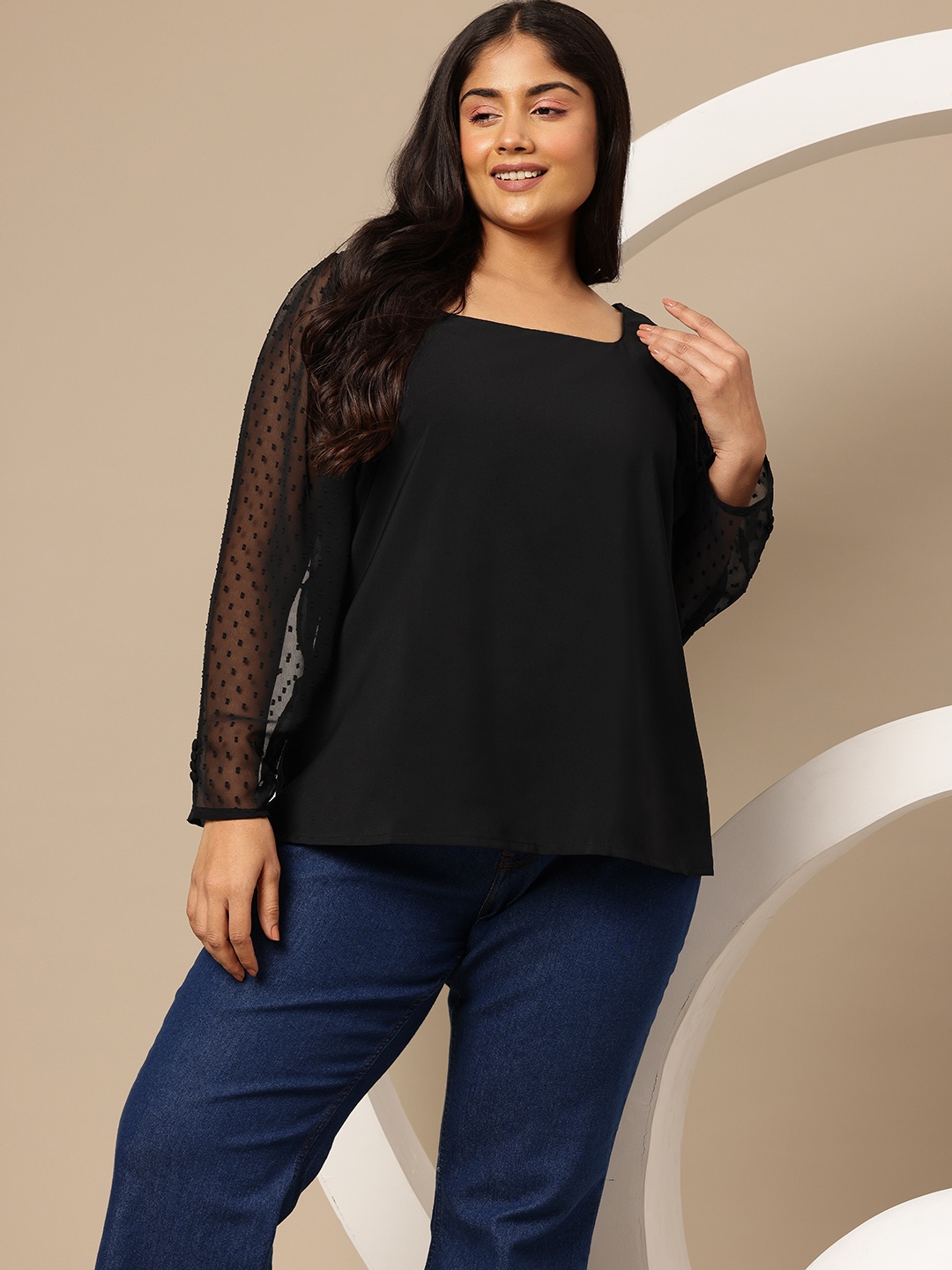 

Sztori Plus Size Solid A-Line Top, Black