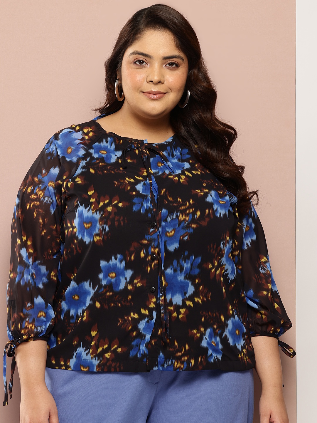 

Sztori Plus Size Floral Print Shirt Style Top, Black