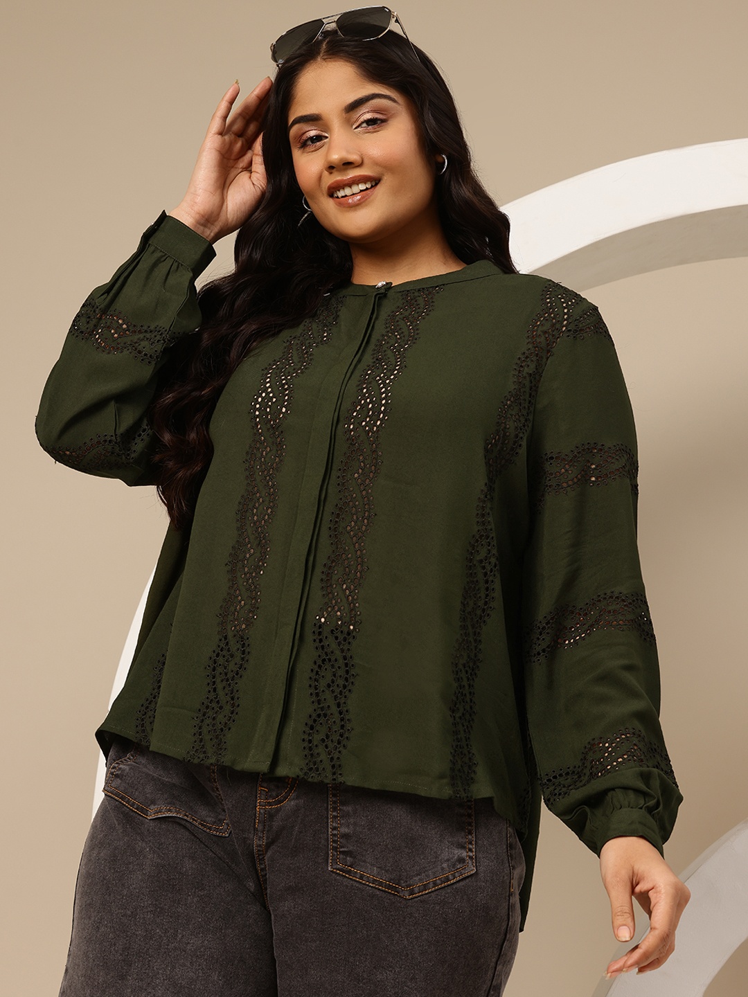 

Sztori Plus Size Schiffli Floral Concealed Placket High-Low Curved Hem Top, Olive