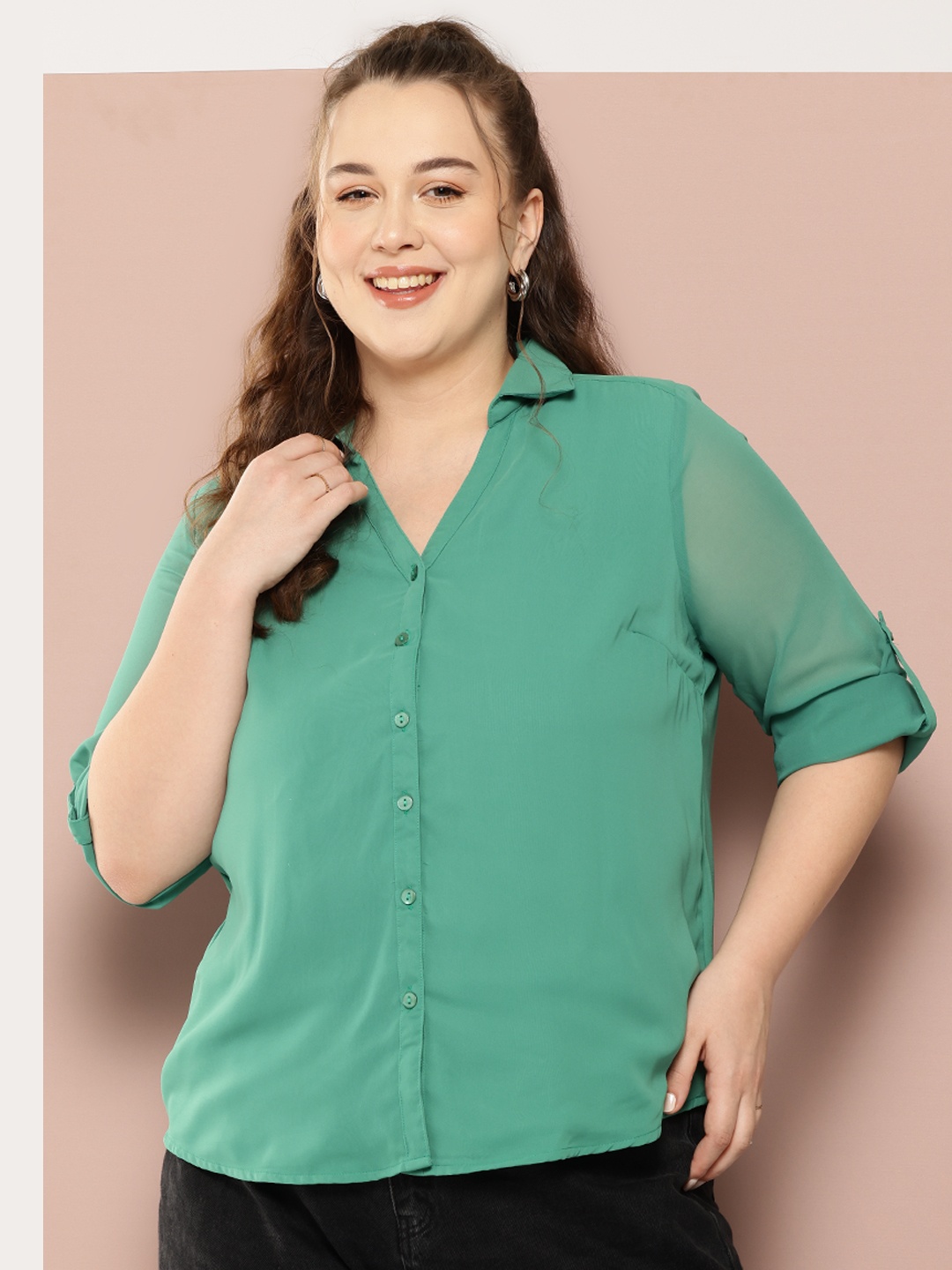 

Sztori Plus Size Opaque Casual Shirt, Green