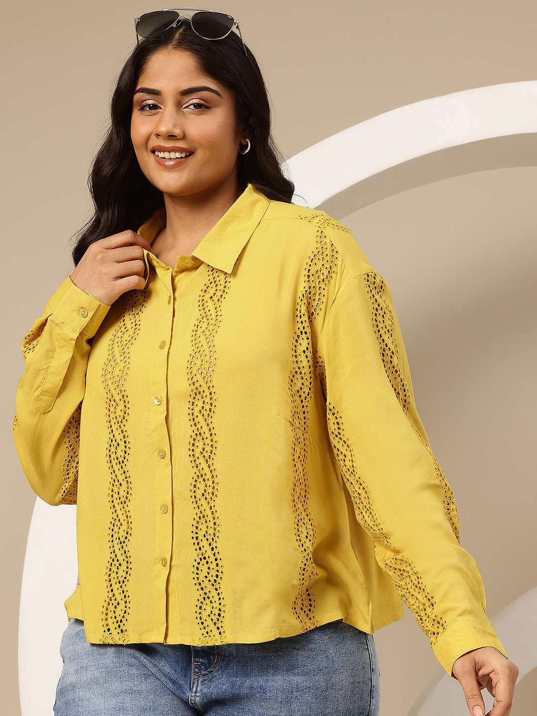 

Sztori Women Plus Size Schiffli Cables Drop-Shoulder Sleeve Casual Shirt, Yellow