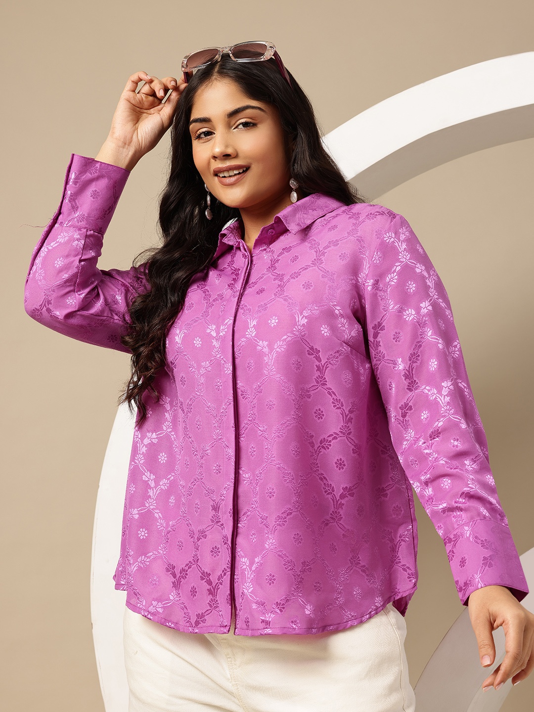 

Sztori Plus Size Floral Woven Design Semi Sheer Casual Shirt, Purple