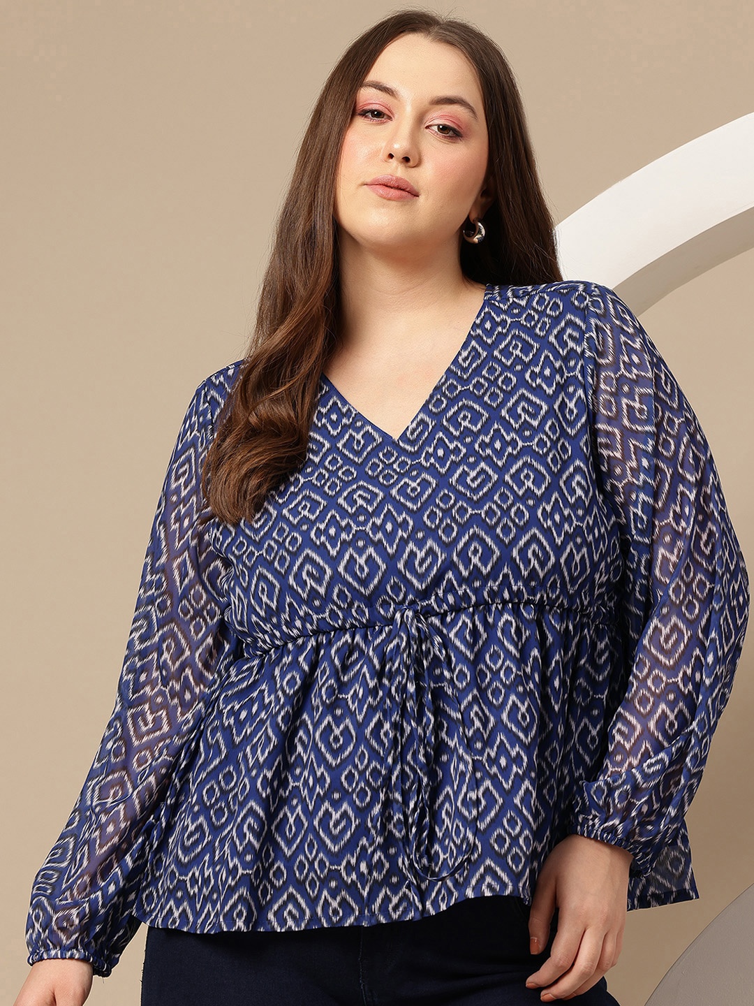 

Sztori Plus Size Printed Puff Sleeve Cinched Waist Top, Navy blue