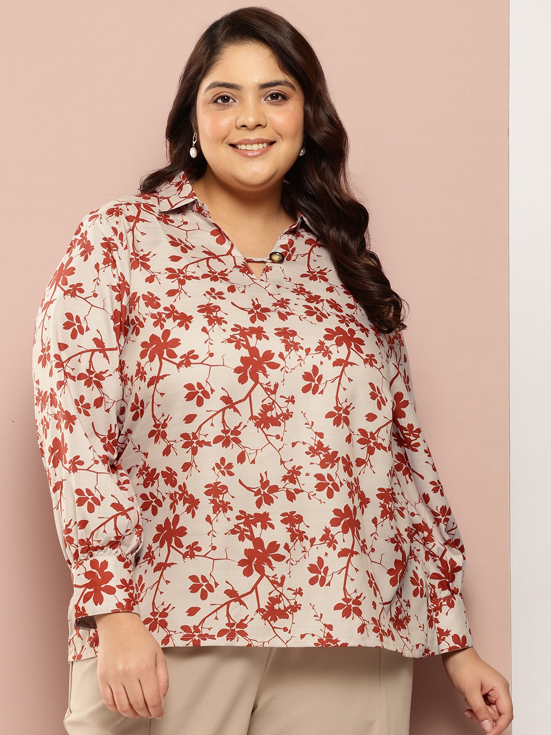 

Sztori Plus Size Floral Shirt Style Top, Beige