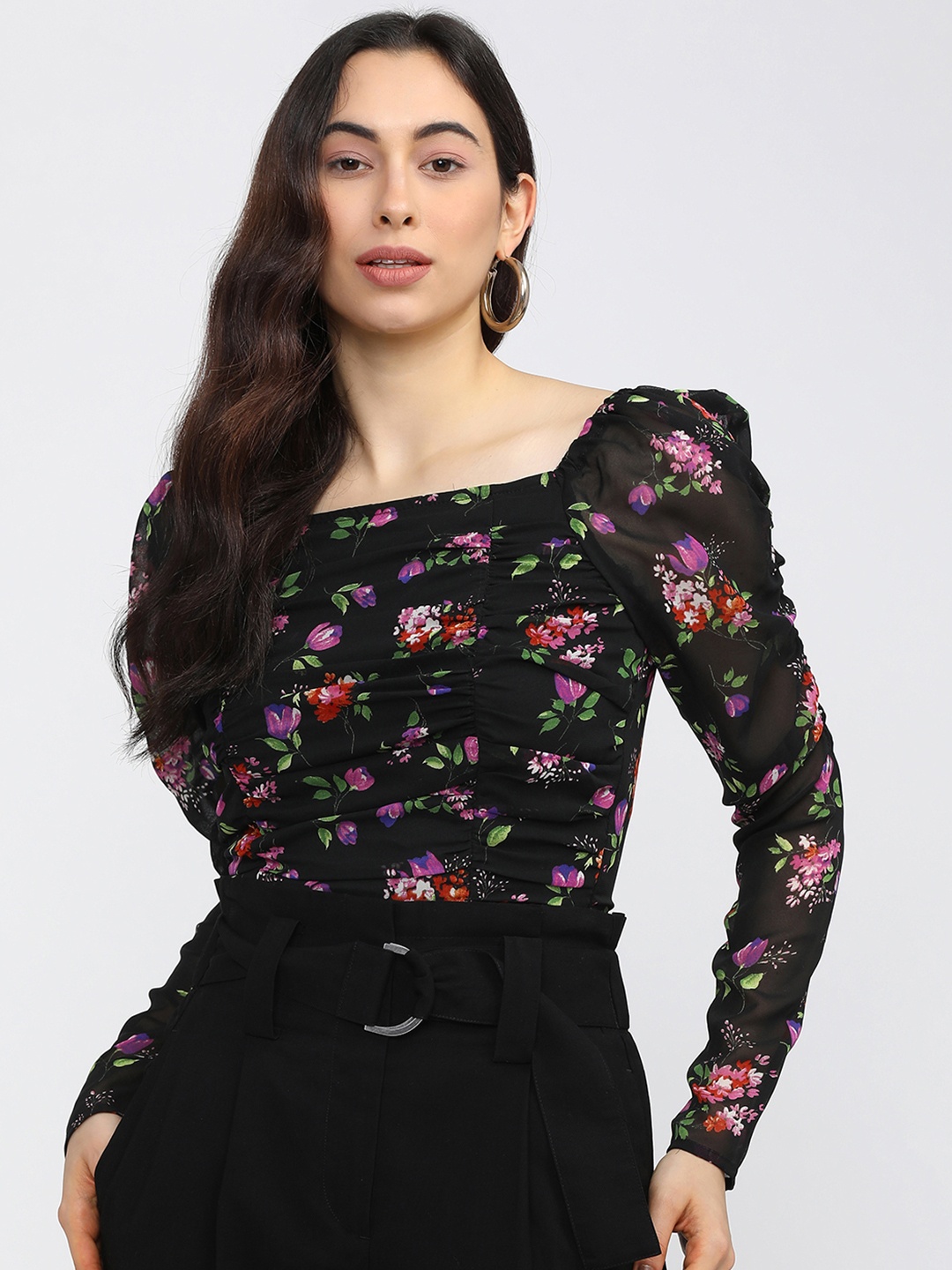 

Tokyo Talkies Floral Print Puff Sleeve Top, Black