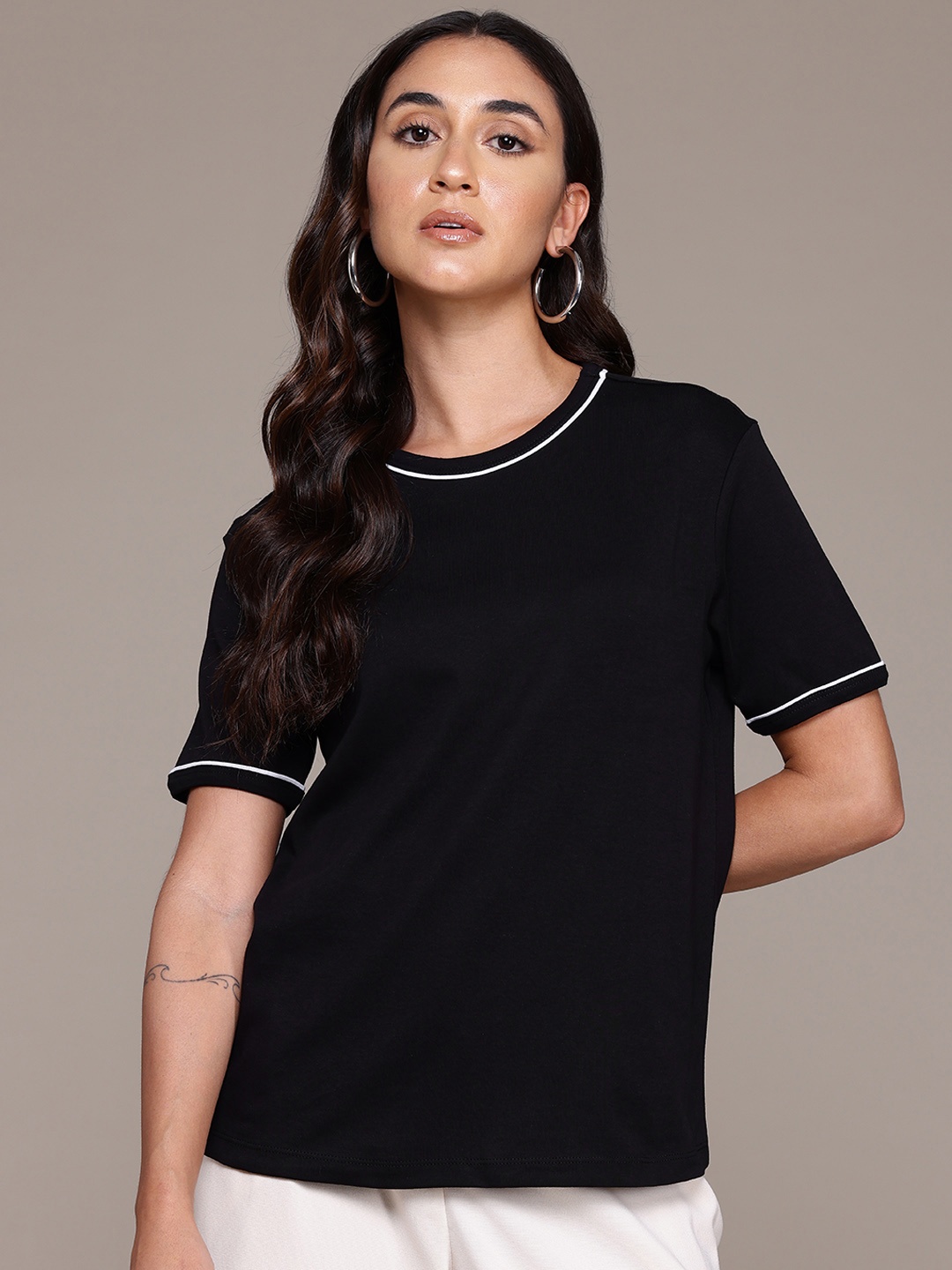 

MANGO Pure Cotton Round Neck T-shirt, Black