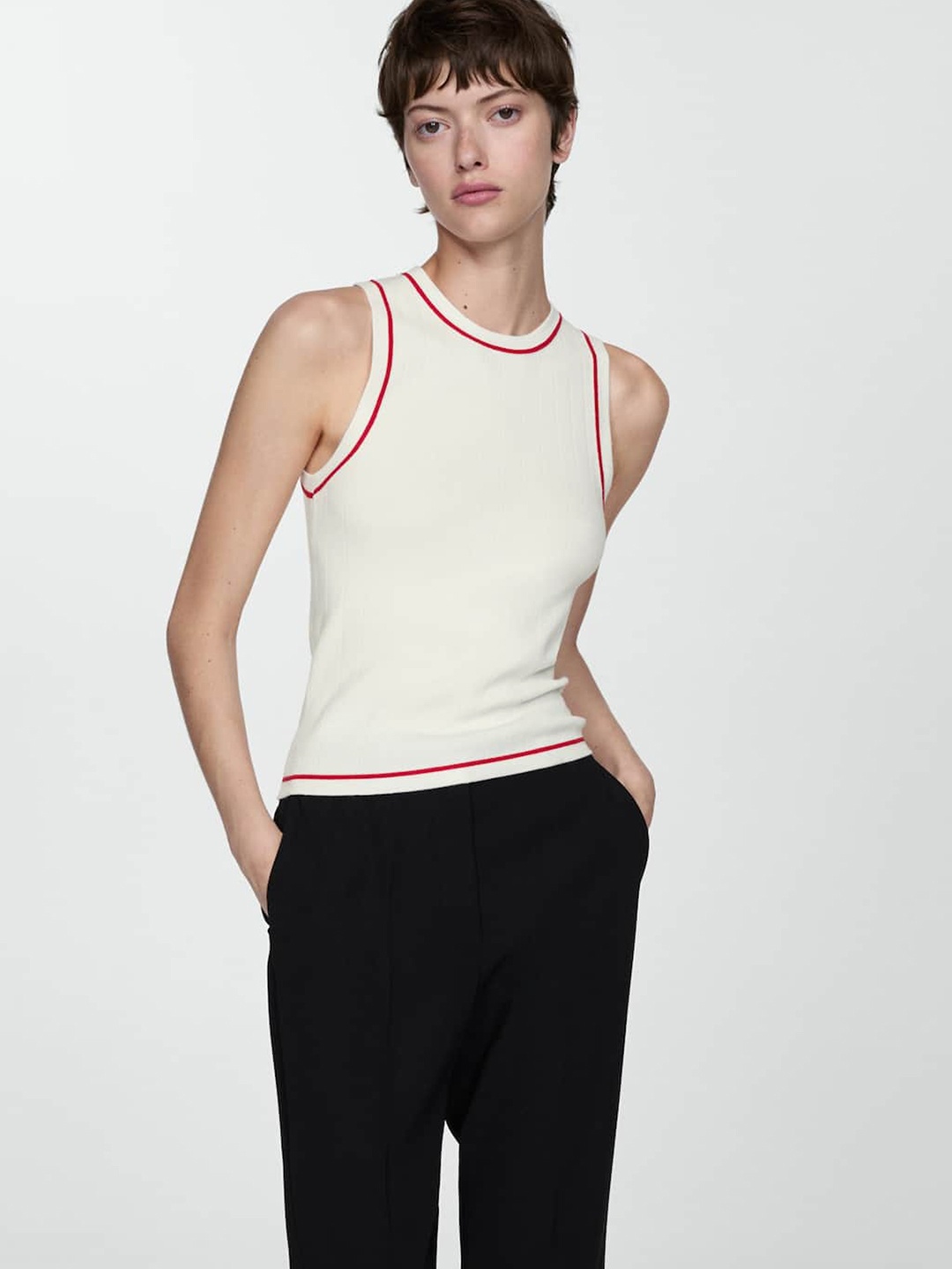 

MANGO Contrast Tipped Ribbed Top, White