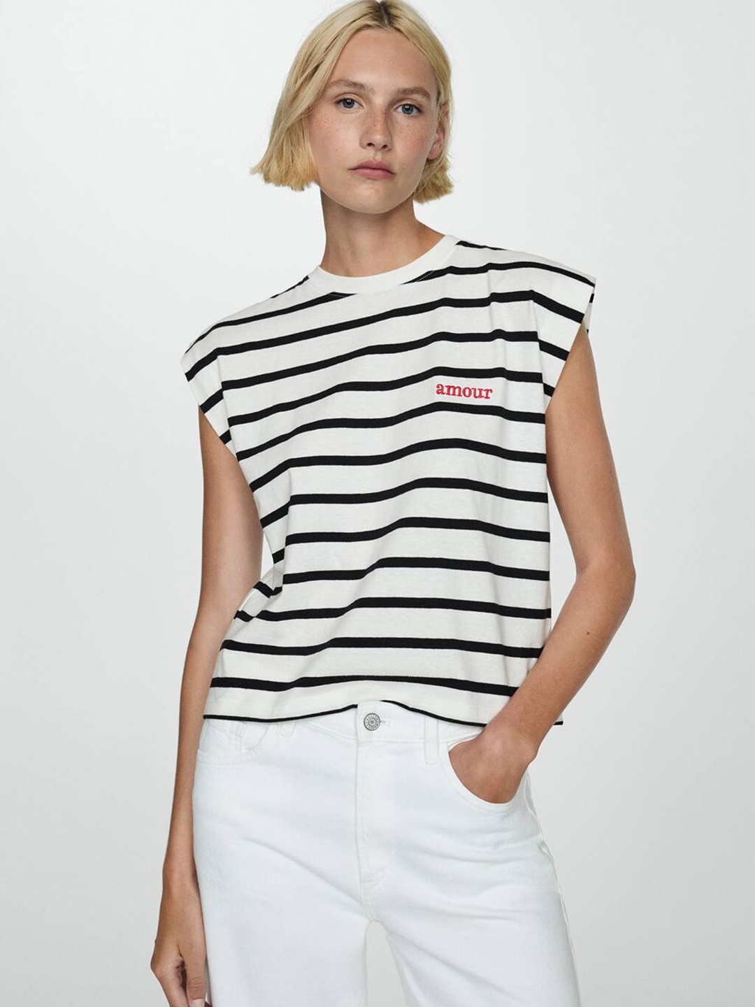 

MANGO Striped Extended Sleeves Cotton Top, White