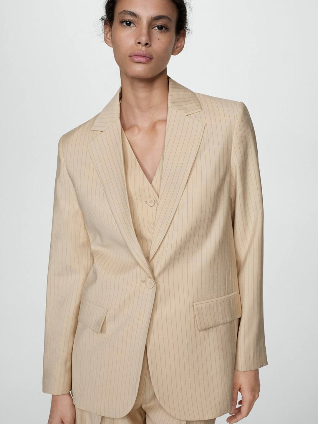 

MANGO Pinstripe Suit Jacket with Lapel Collar, Beige