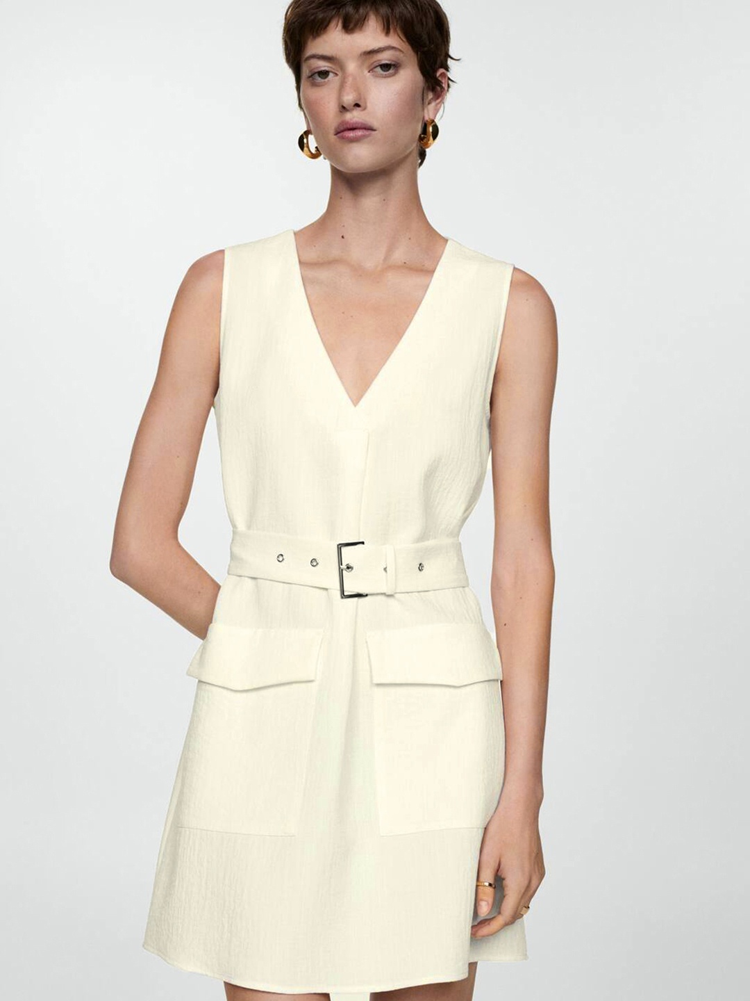 

MANGO Pocket Detailed Mini Dress With Belt, Off white