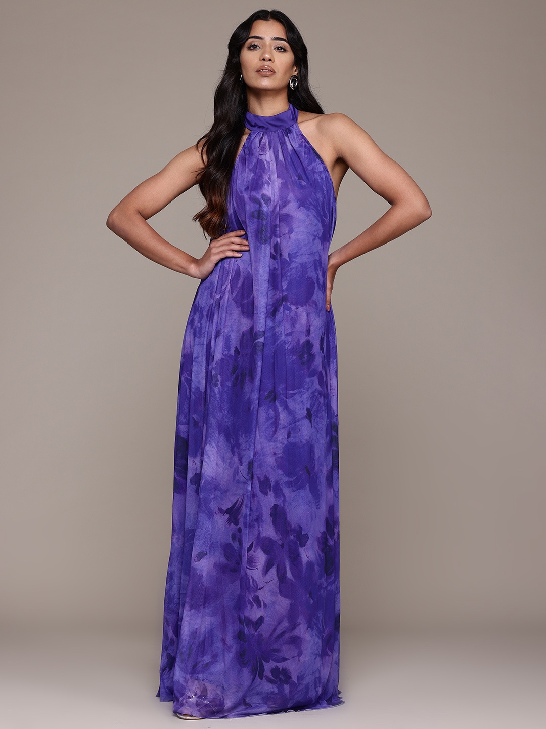 

MANGO Print Halter Neck Maxi Dress, Purple