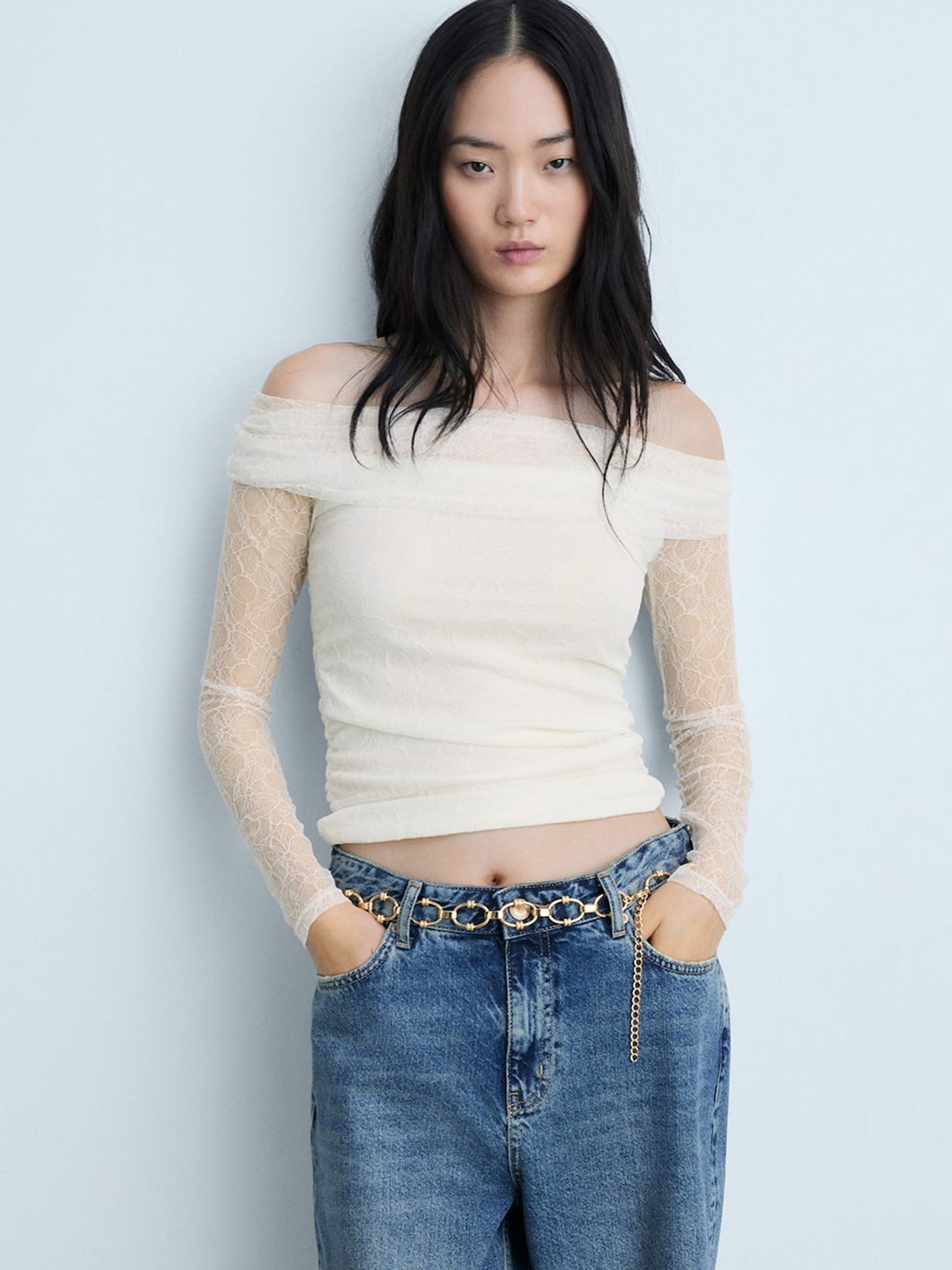 

MANGO Lace Bardot Top, White
