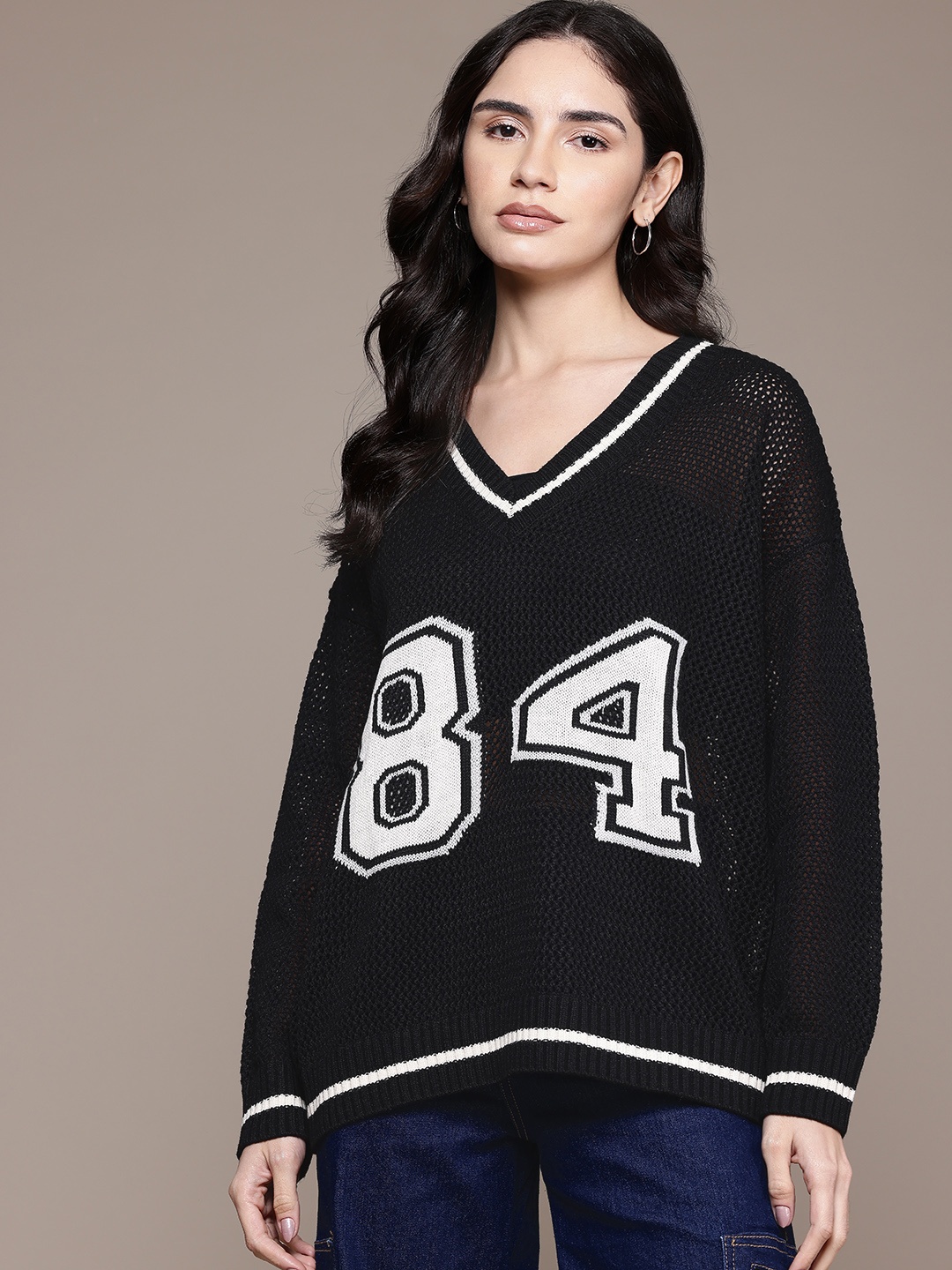 

MANGO Applique Detail Open Knit Pullover, Black