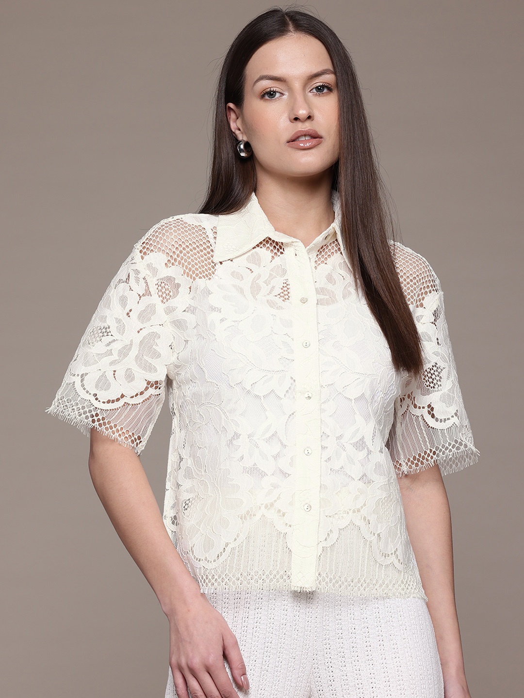 

MANGO Floral Self Designed Shirt Collar Semi Sheer Top, Cream