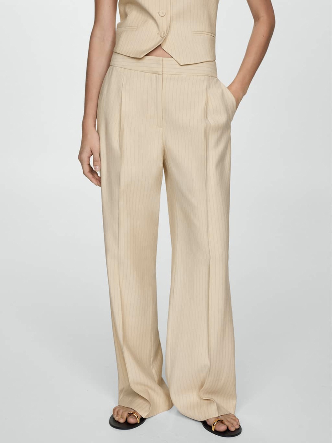 

MANGO Women Striped Suit Pleated Trousers, Beige