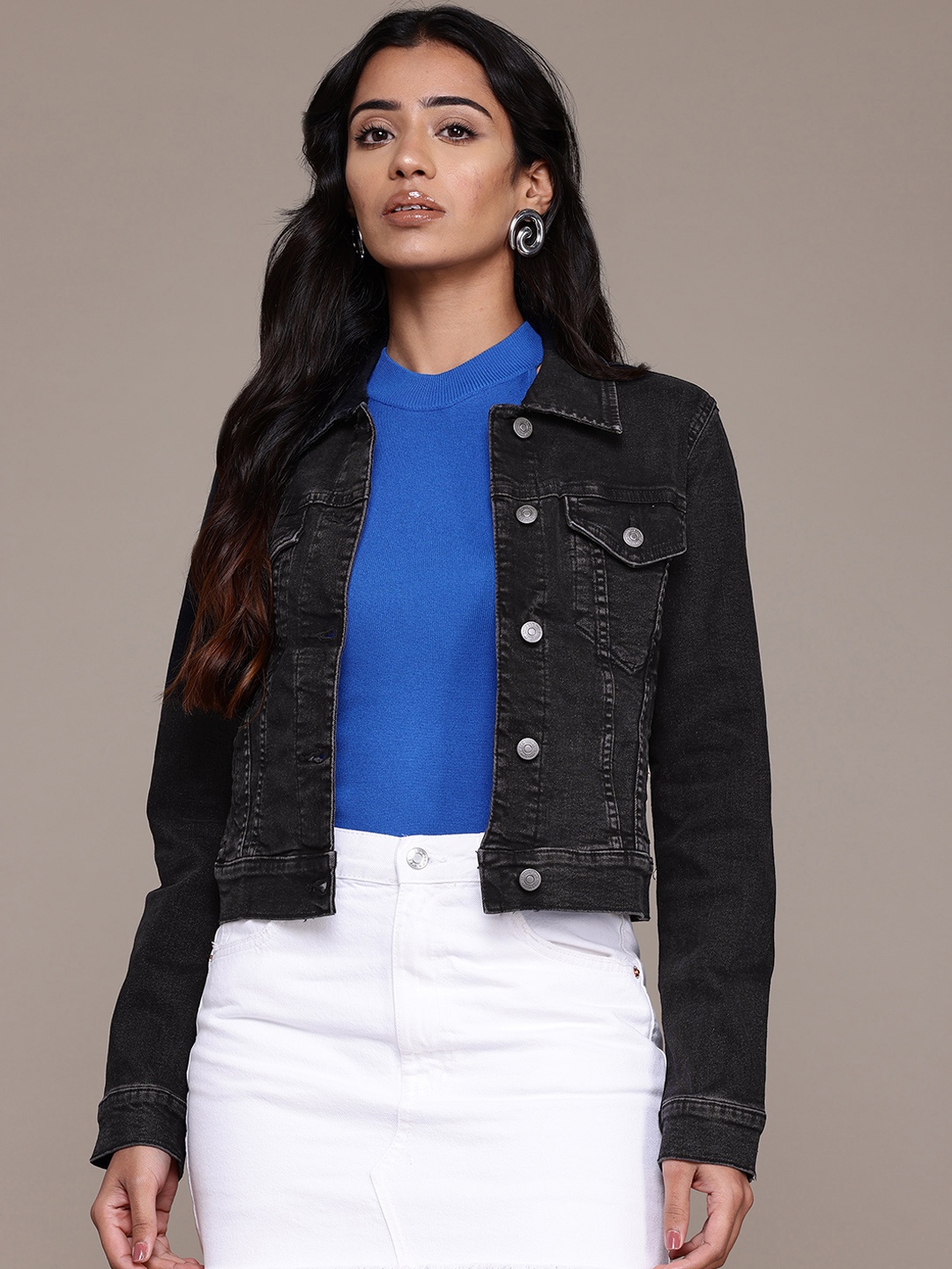 

MANGO Crop Denim Jacket, Charcoal