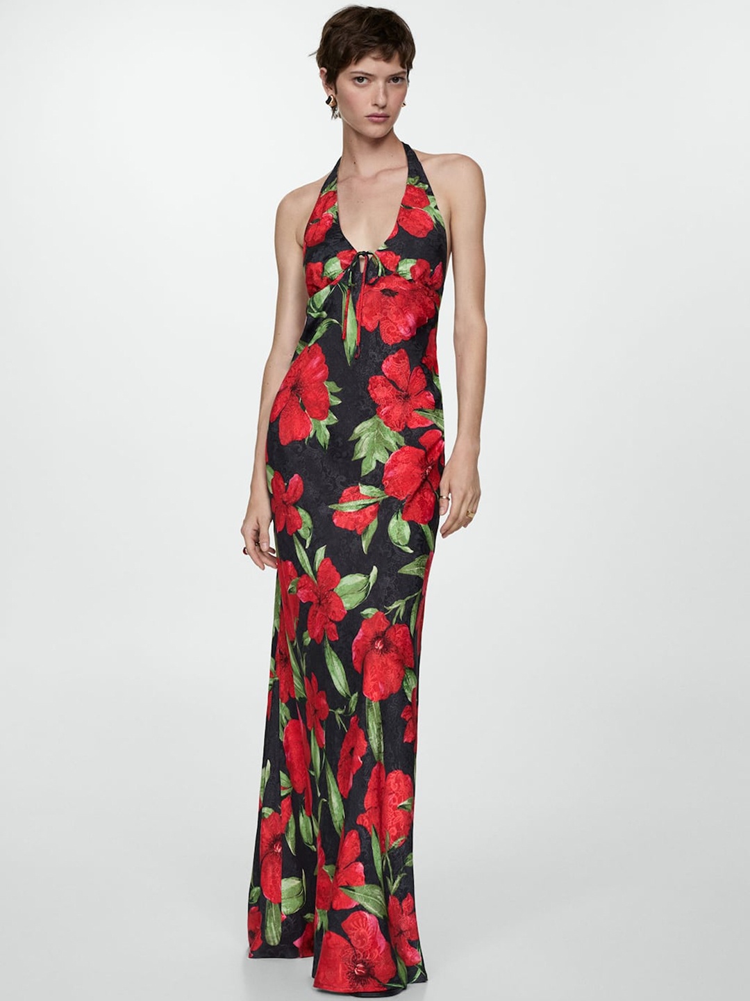 

MANGO Floral Print Halter Neck Maxi Dress, Red