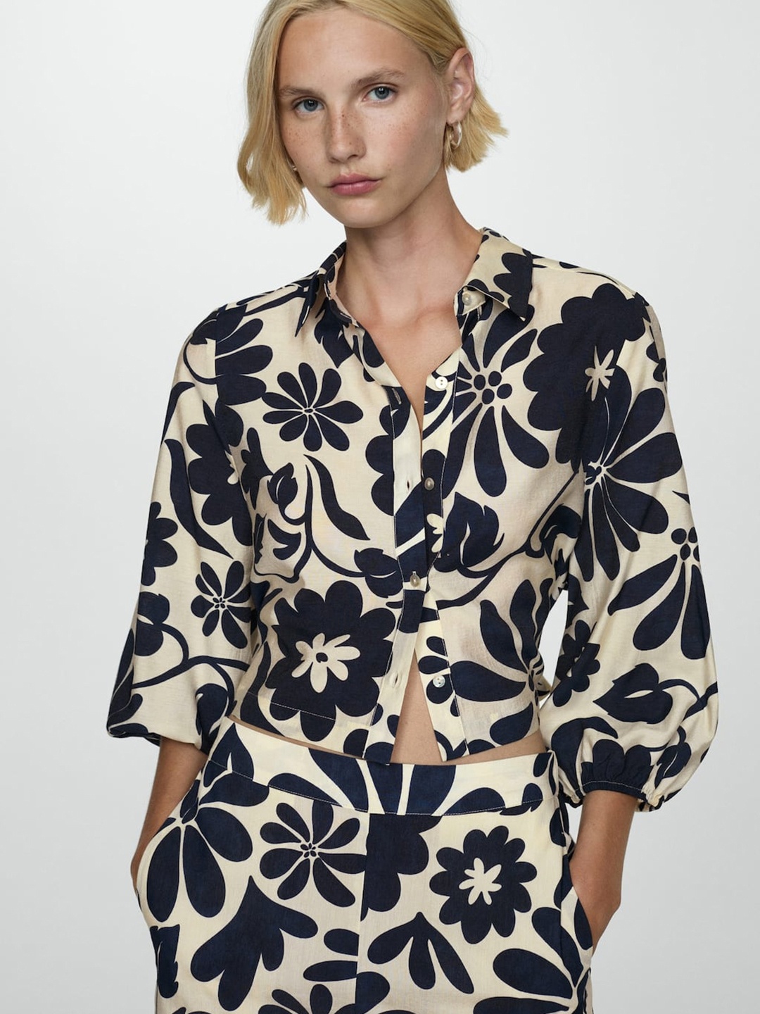 

MANGO Floral Printed Shirt, Cream