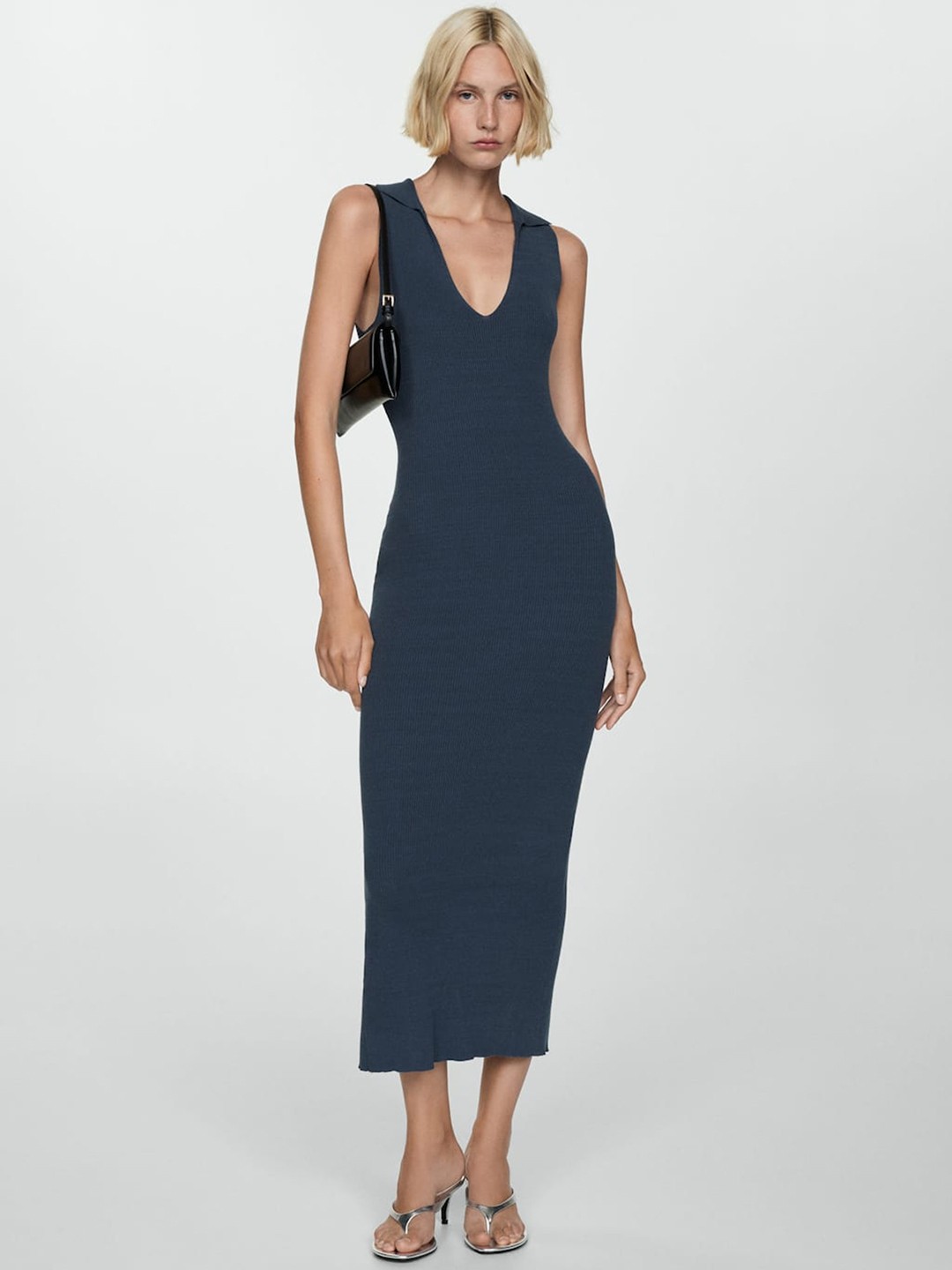 

MANGO Ribbed Bodycon Midi Dress, Navy blue